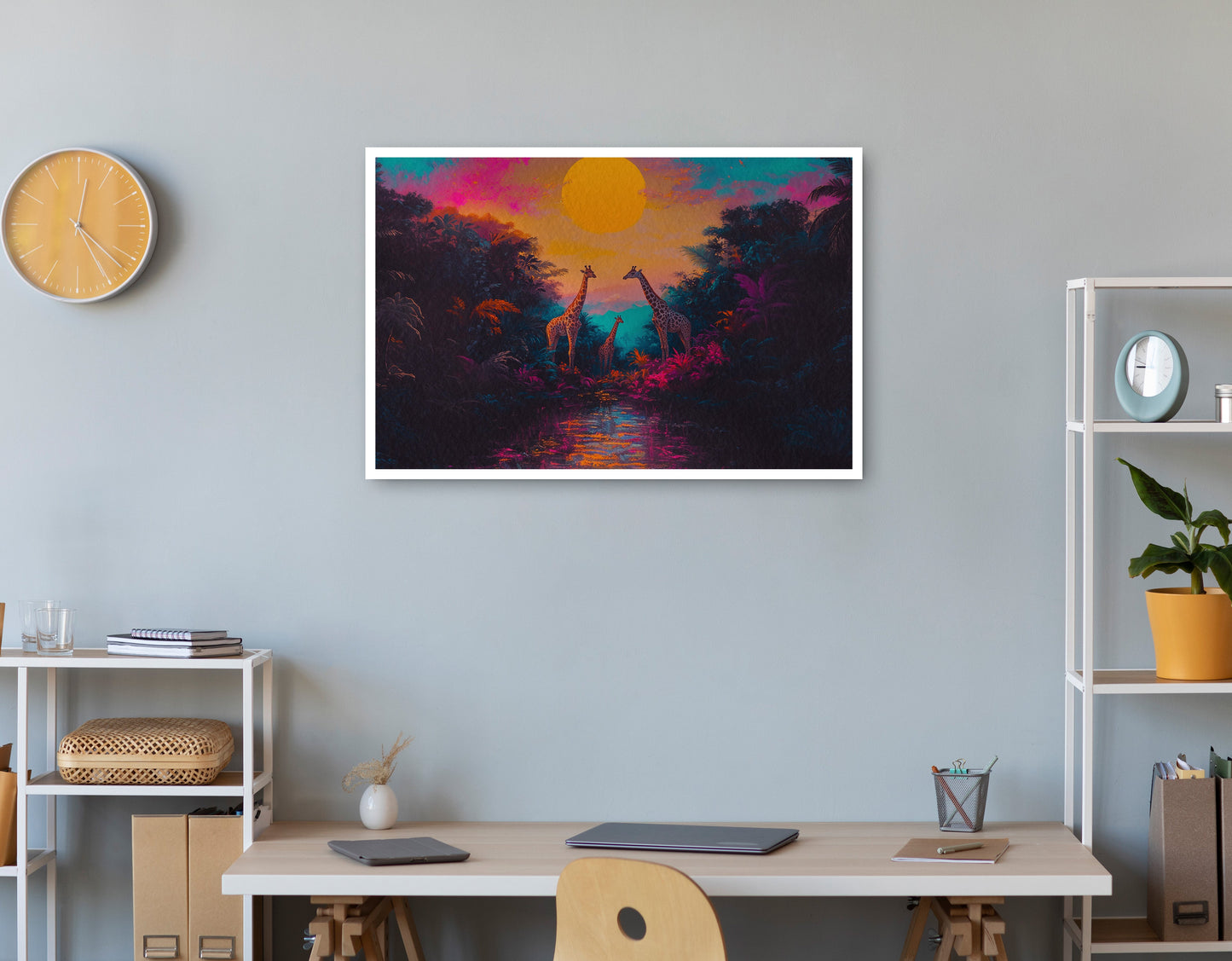 Neon Giraffe Jungle Black Black culture wall art print view