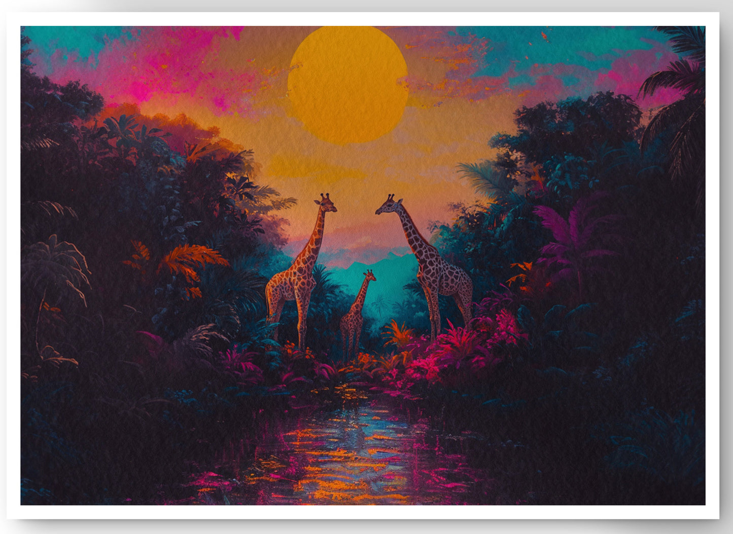 Neon Giraffe Jungle Black Black culture wall art canvas print by MoomZee Artwork