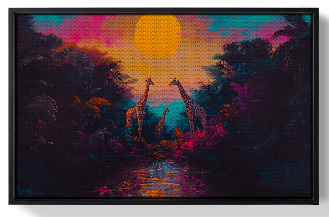 Framed Neon Giraffe Jungle Black Black culture wall art for home decor