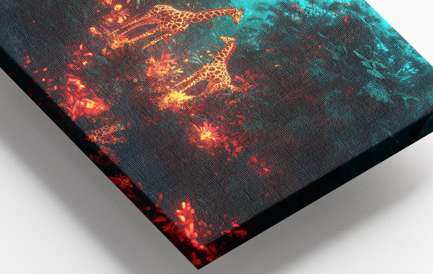 Close-up of Glowing Giraffe Family Night African American canvas print detail