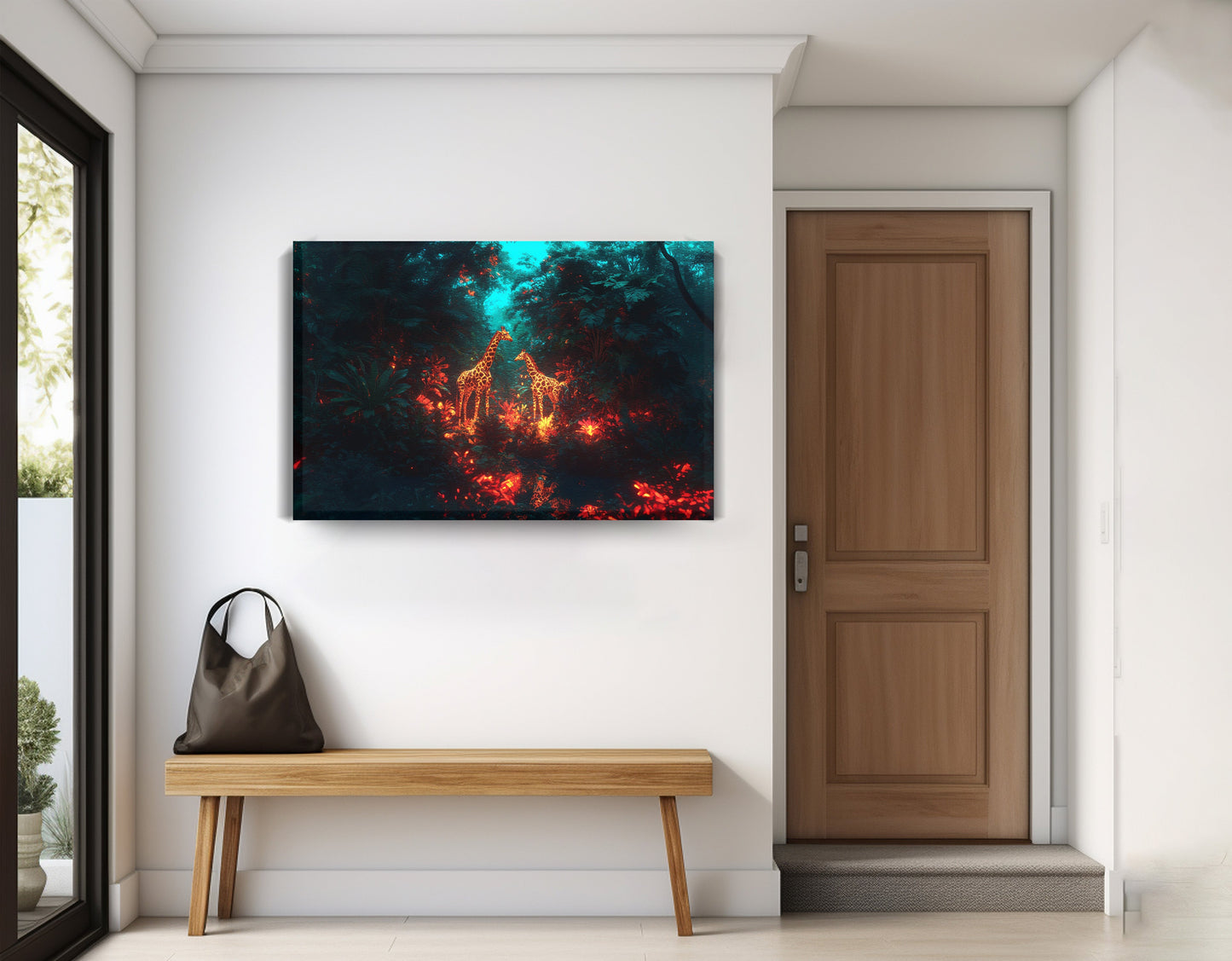 Glowing Giraffe Family Night African American canvas print displayed as entryway wall decor