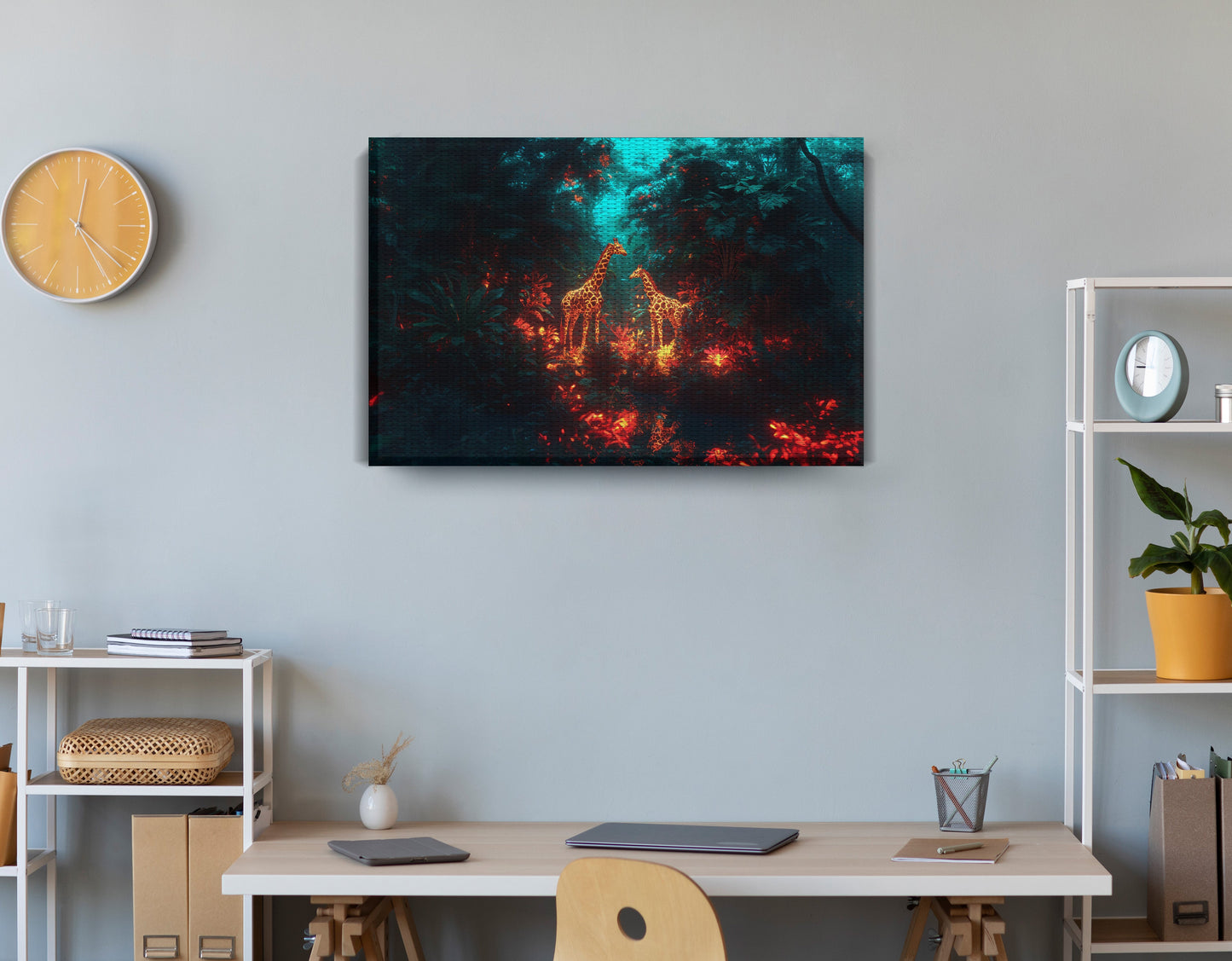 Glowing Giraffe Family Night African American canvas print displayed as office wall decor