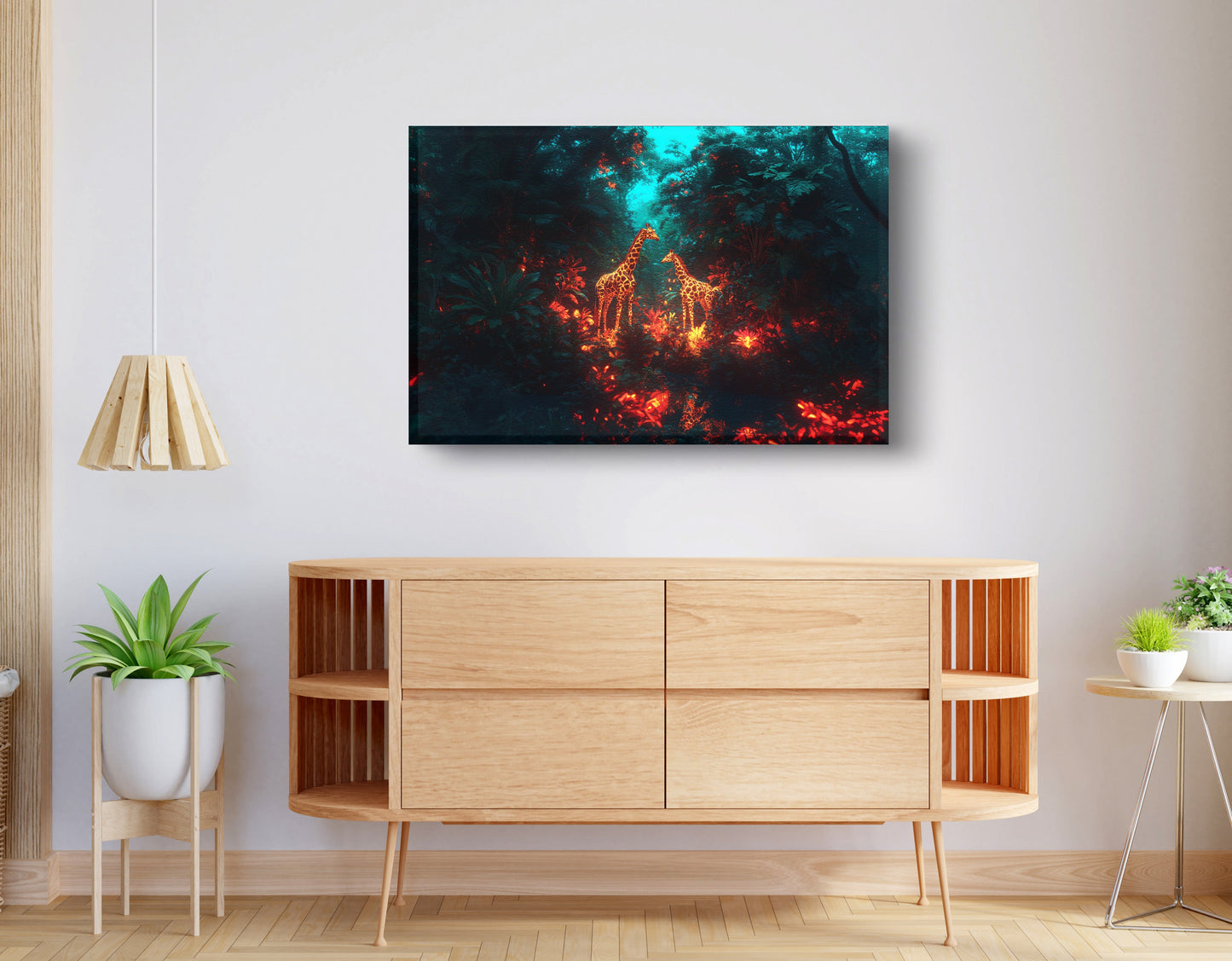 Glowing Giraffe Family Night African American canvas print displayed as living room wall decor