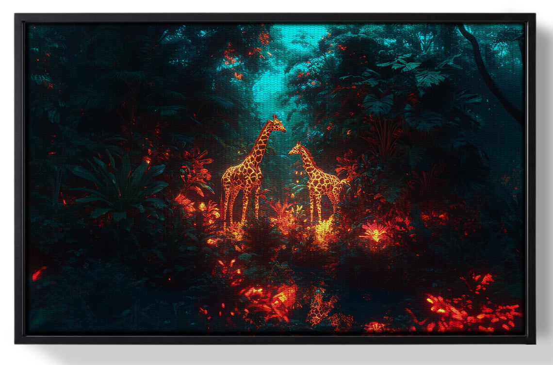Framed Glowing Giraffe Family Night African American canvas print for home decor