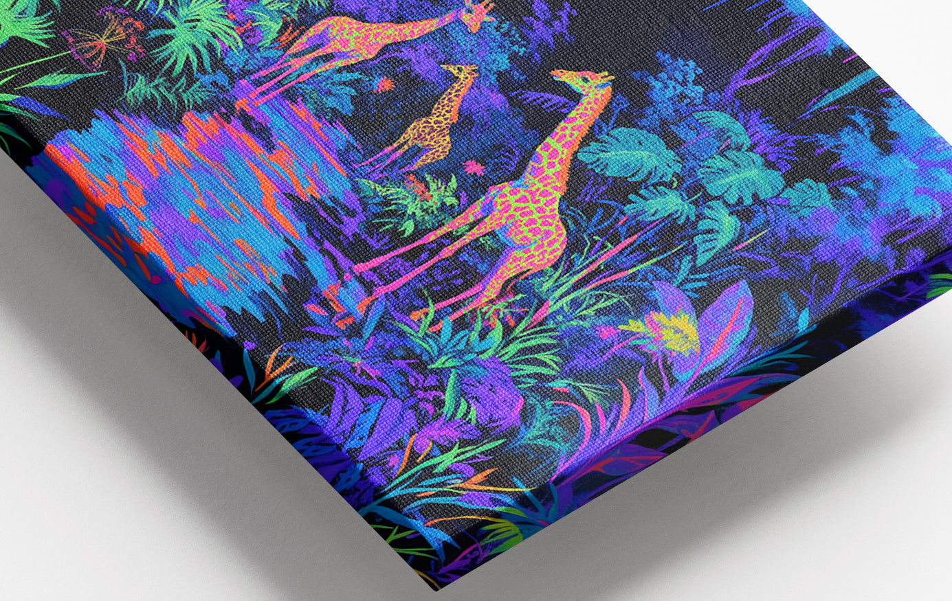 Close-up of Neon Giraffe Jungle African American canvas print detail