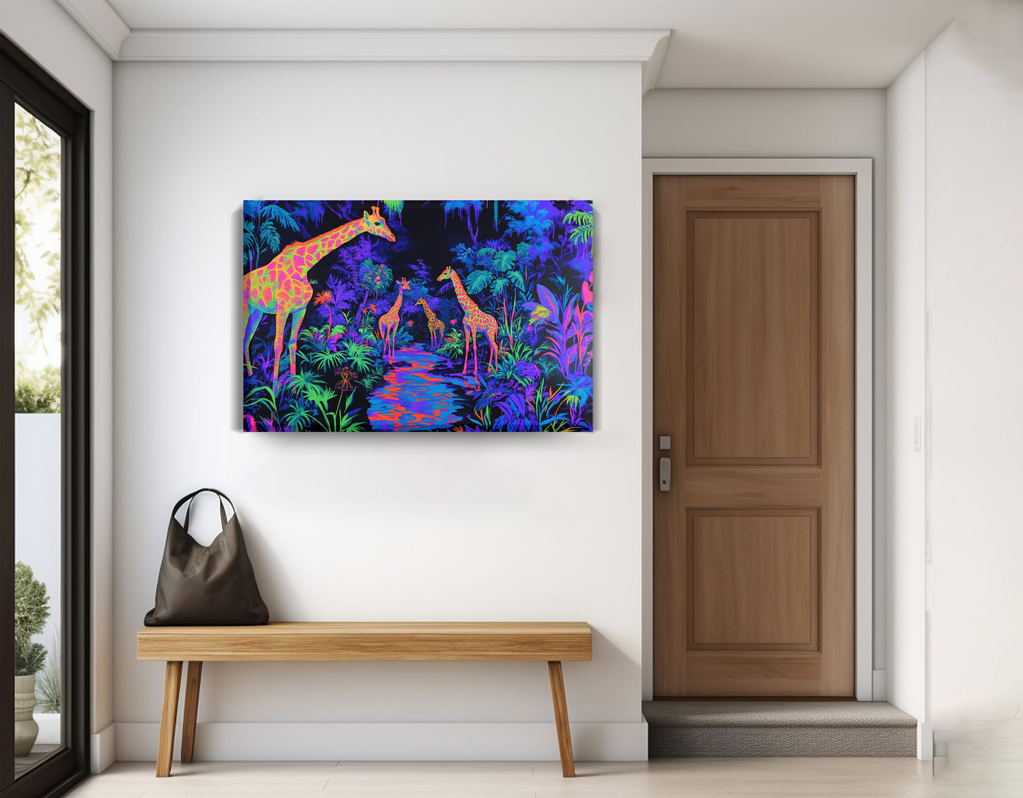 Neon Giraffe Jungle African American canvas print displayed as entryway wall decor
