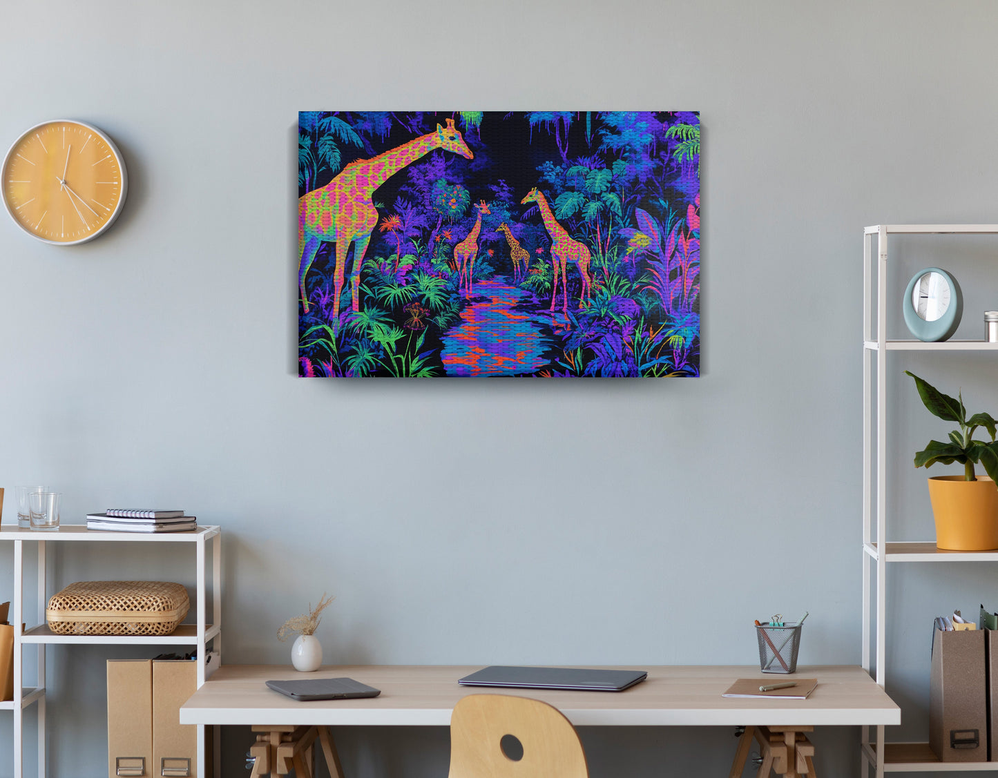 Neon Giraffe Jungle African American canvas print displayed as office wall decor
