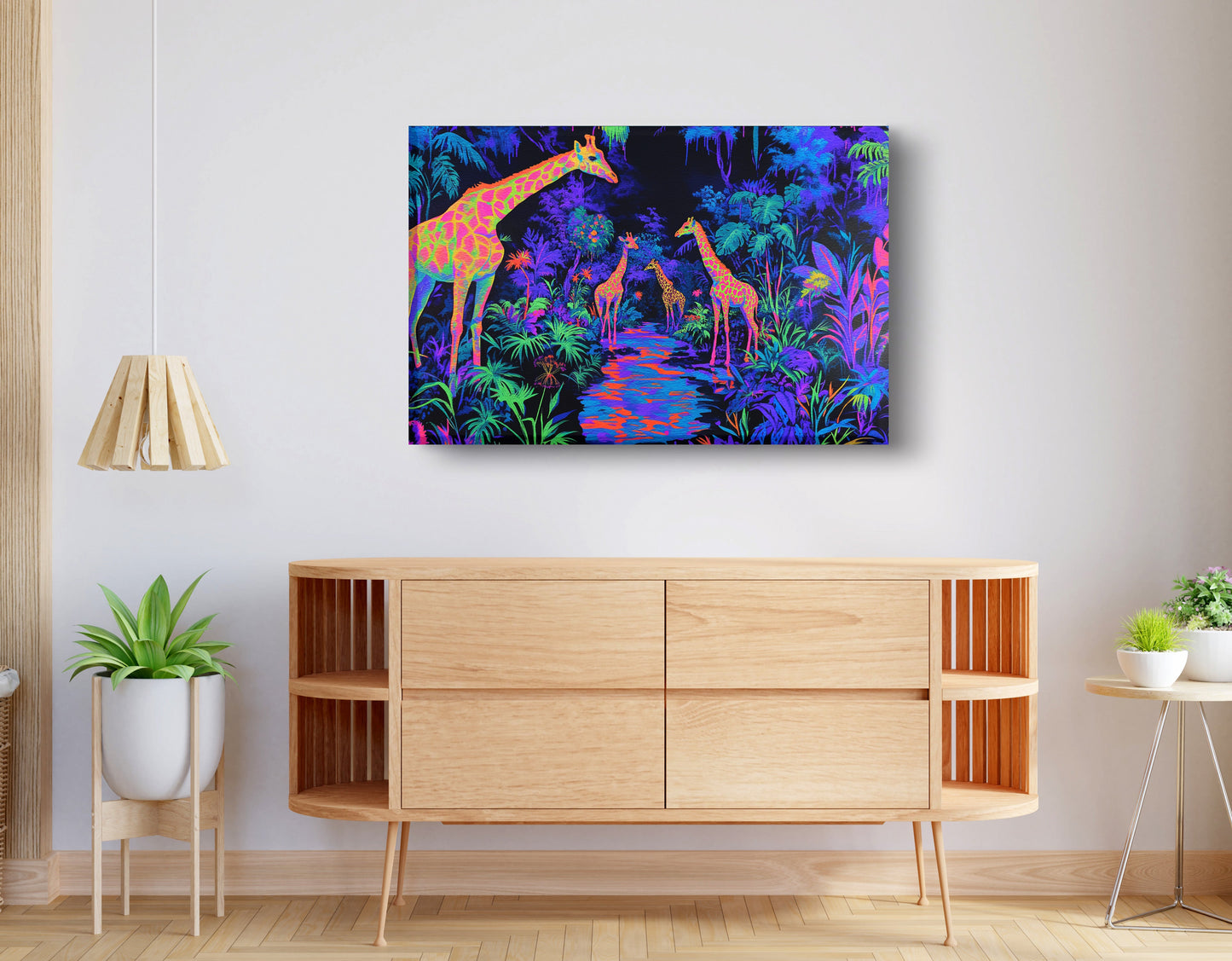 Neon Giraffe Jungle African American canvas print displayed as living room wall decor