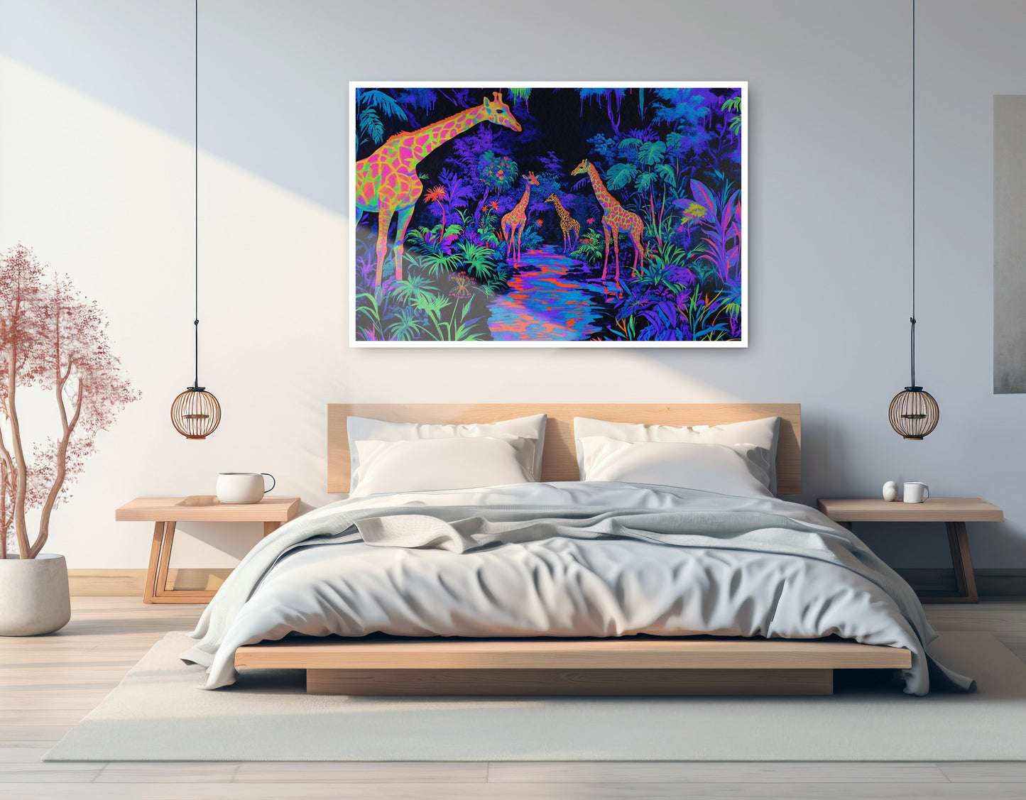 Neon Giraffe Jungle African American canvas print displayed as bedroom wall decor