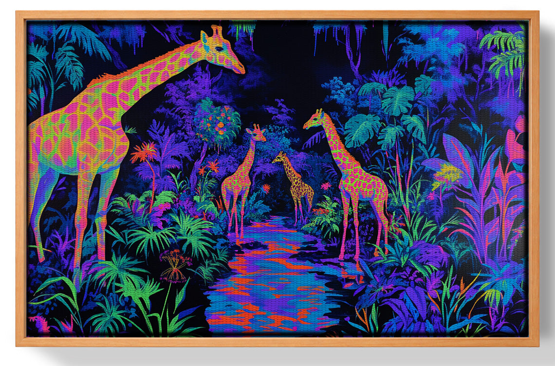 Framed Neon Giraffe Jungle African American canvas print for home decor