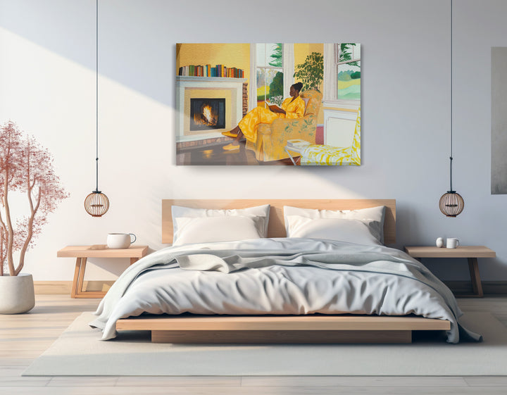 Black Woman Reading by Fireplace Wall Art