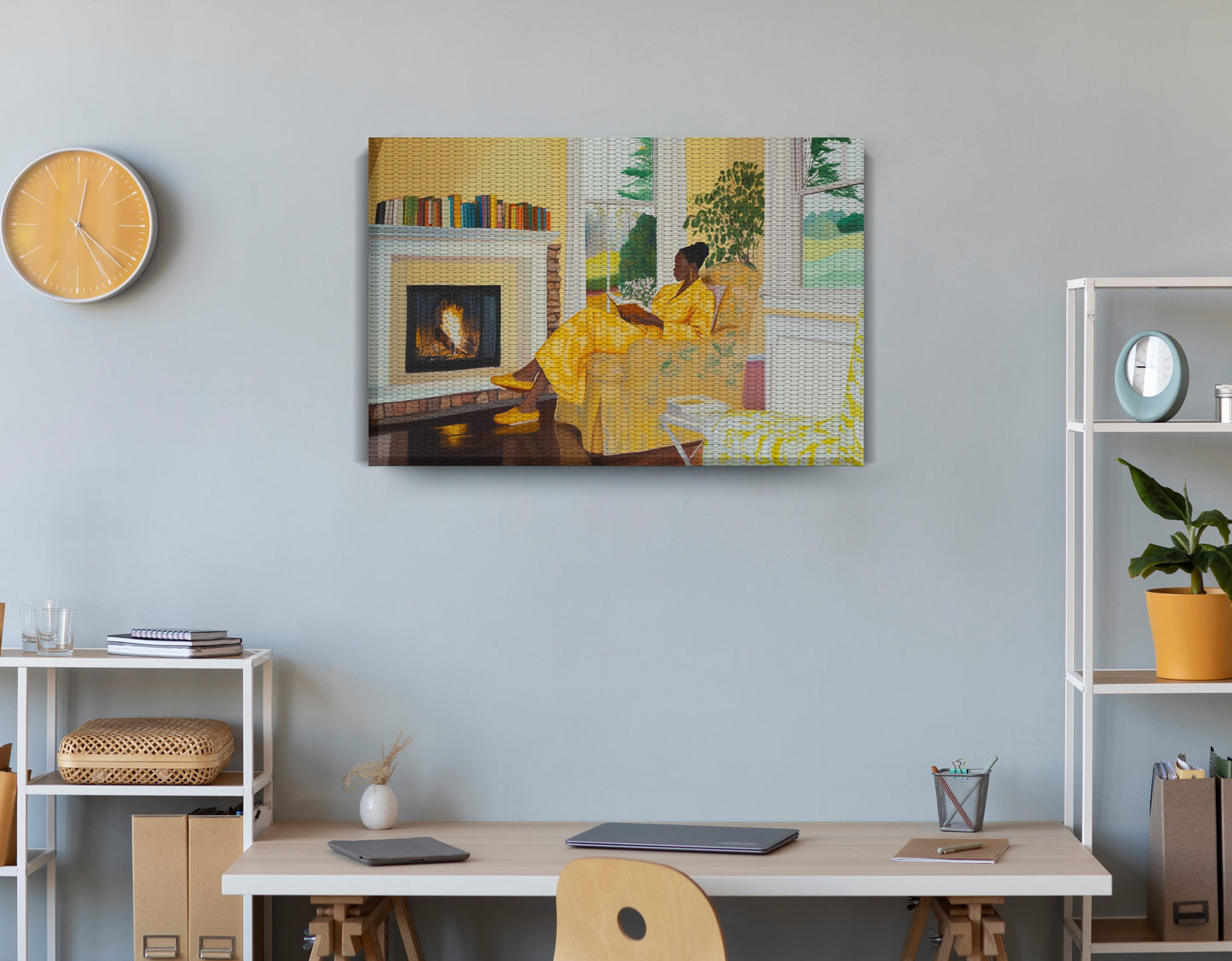 Black Woman Reading by Fireplace African American wall art displayed as office wall decor