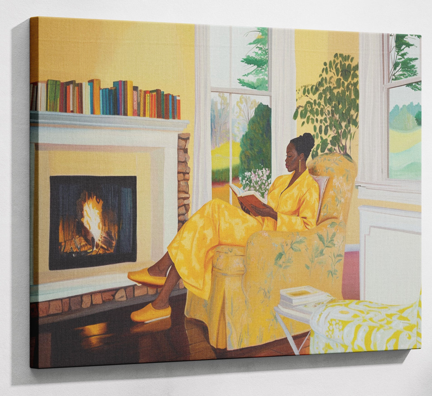 Black Woman Reading by Fireplace African American wall art canvas print with visible wall art format