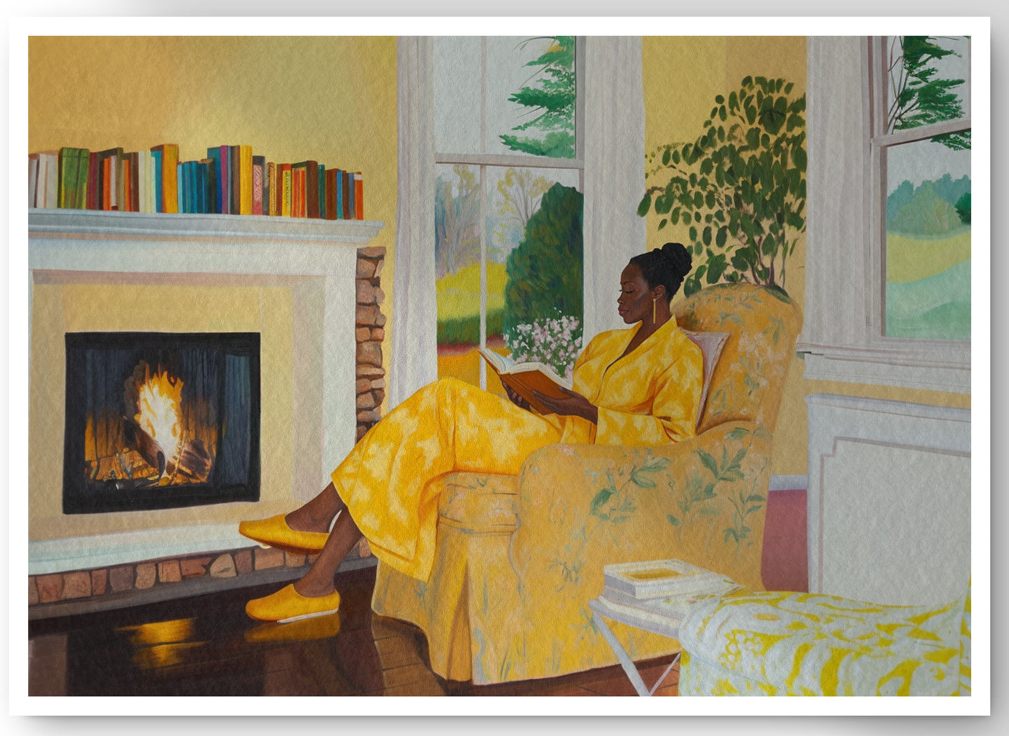 Black Woman Reading by Fireplace African American wall art canvas print by MoomZee Artwork
