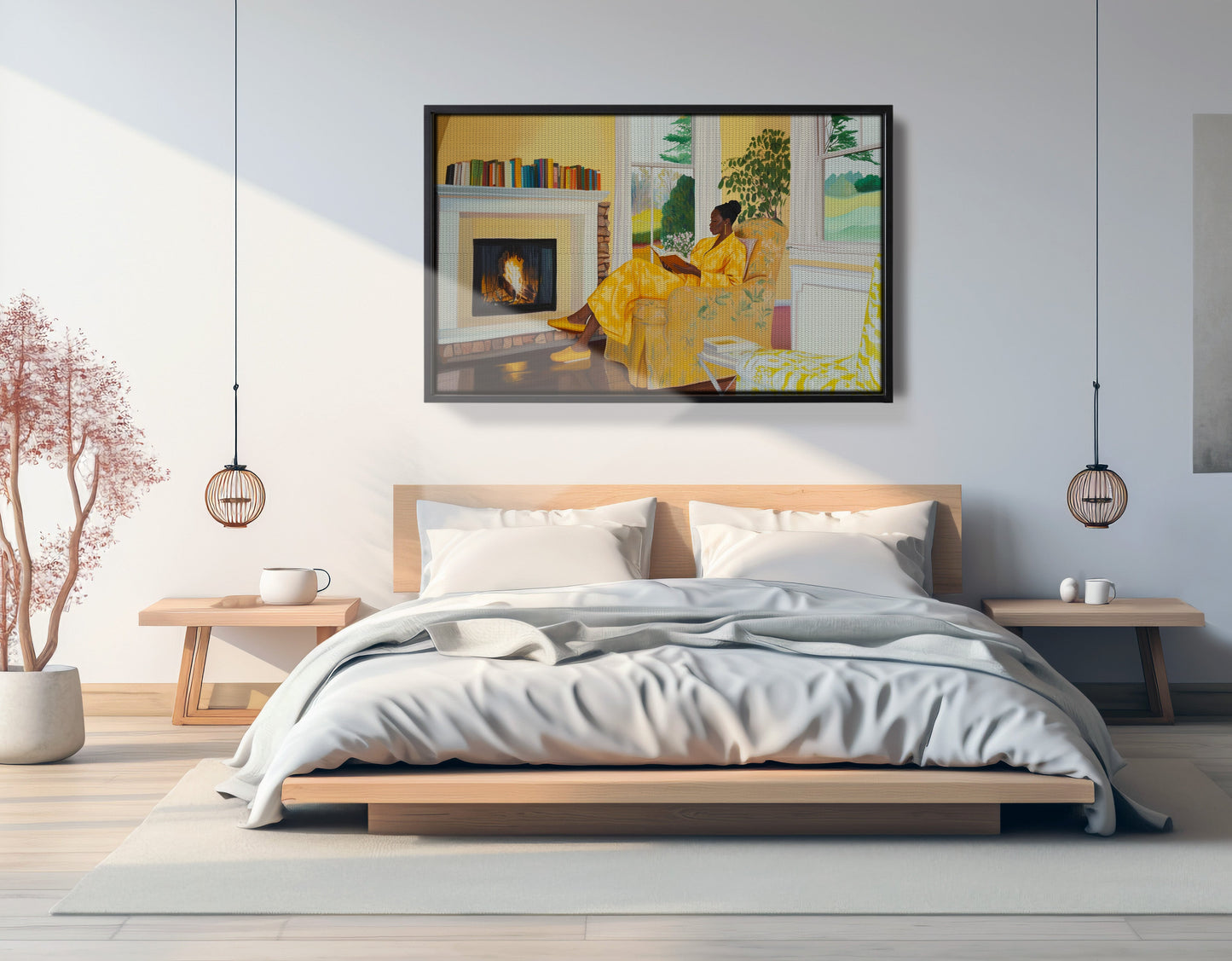 Black Woman Reading by Fireplace African American wall art view 16