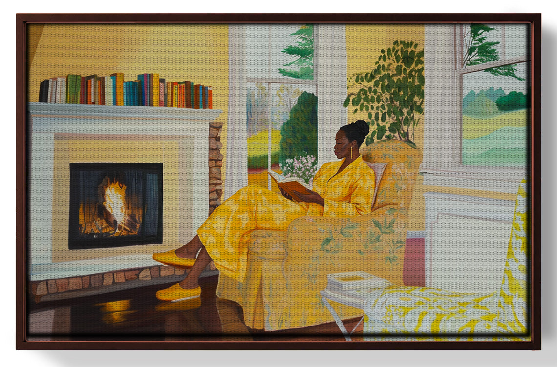 Framed Black Woman Reading by Fireplace African American wall art for home decor