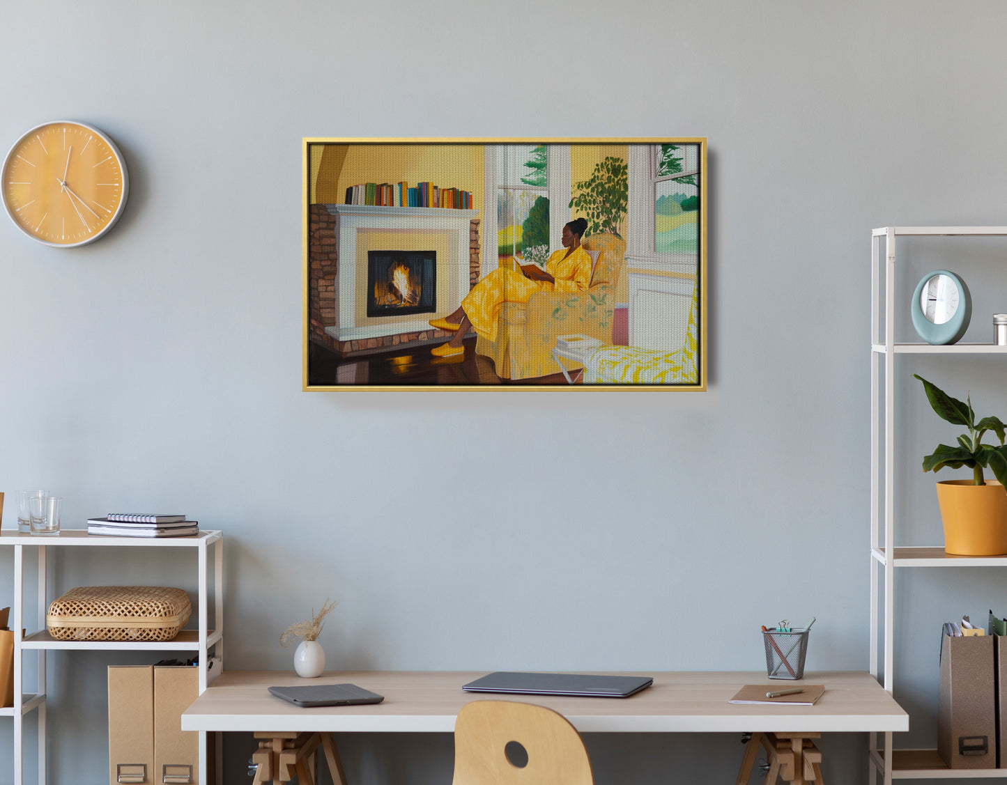 Black Woman Reading by Fireplace African American wall art view 21