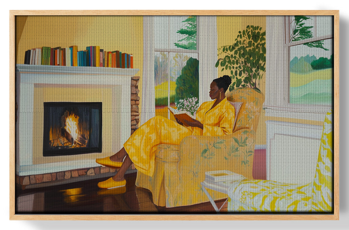 Black Woman Reading by Fireplace African American wall art view 23