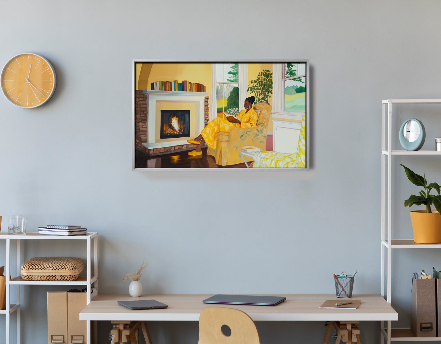 Black Woman Reading by Fireplace African American wall art view 29