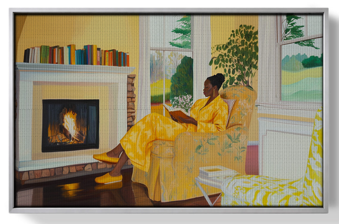 Black Woman Reading by Fireplace African American wall art view 26