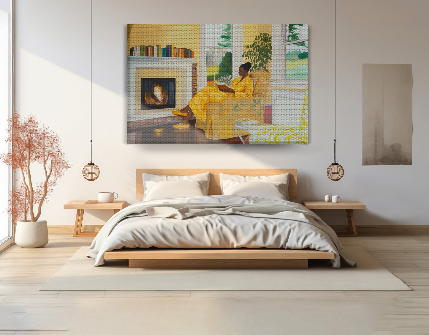 Black Woman Reading by Fireplace African American wall art artwork by MoomZee Artwork