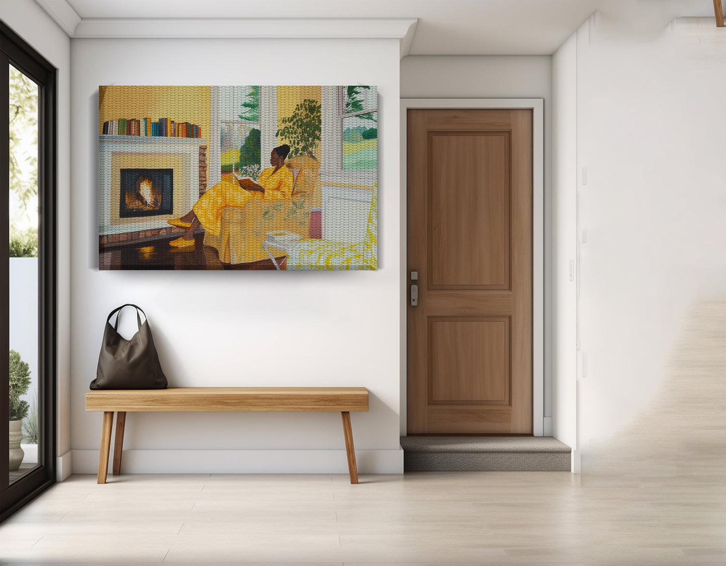 Black Woman Reading by Fireplace African American wall art displayed as entryway wall decor