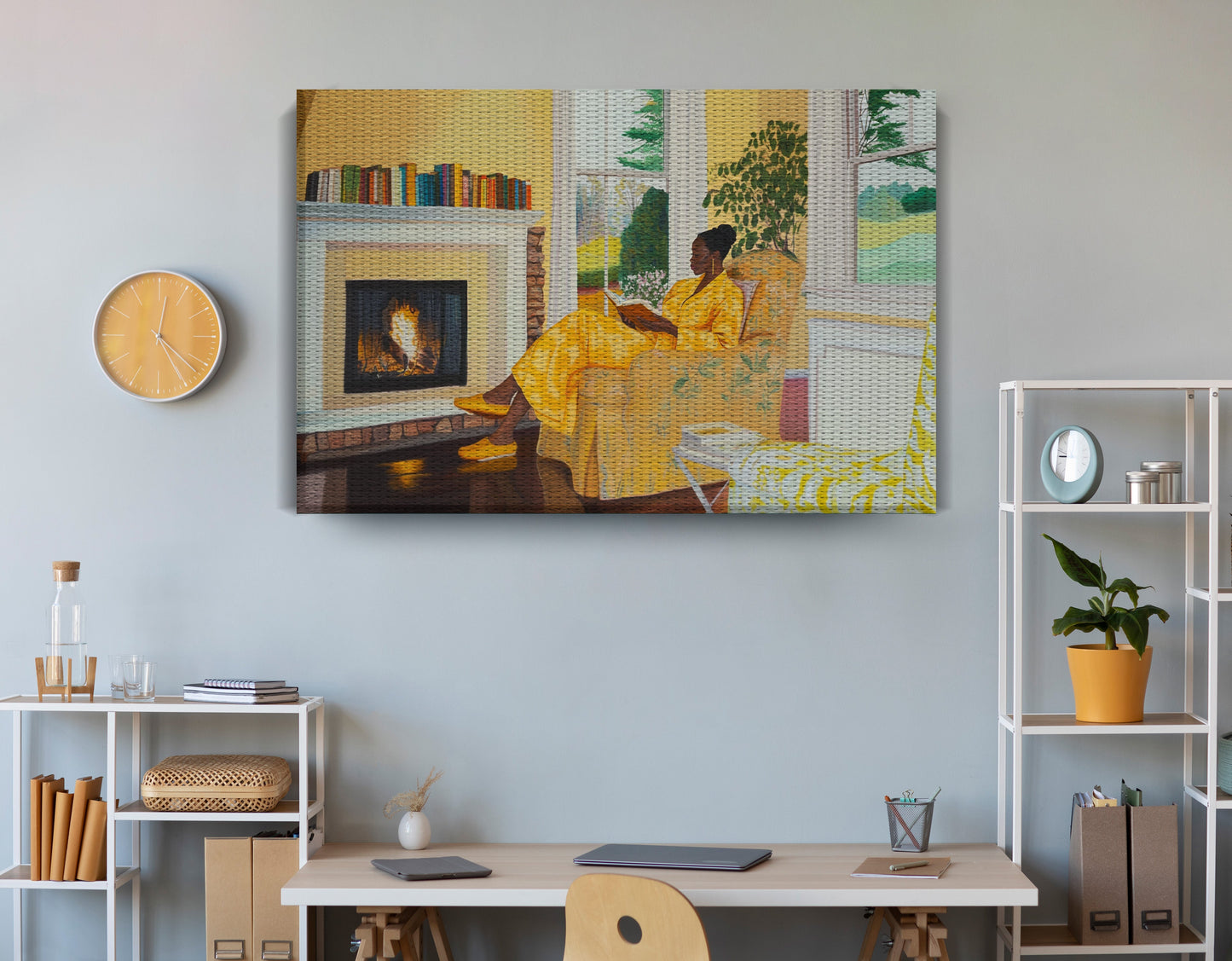 Black Woman Reading by Fireplace African American wall art print view