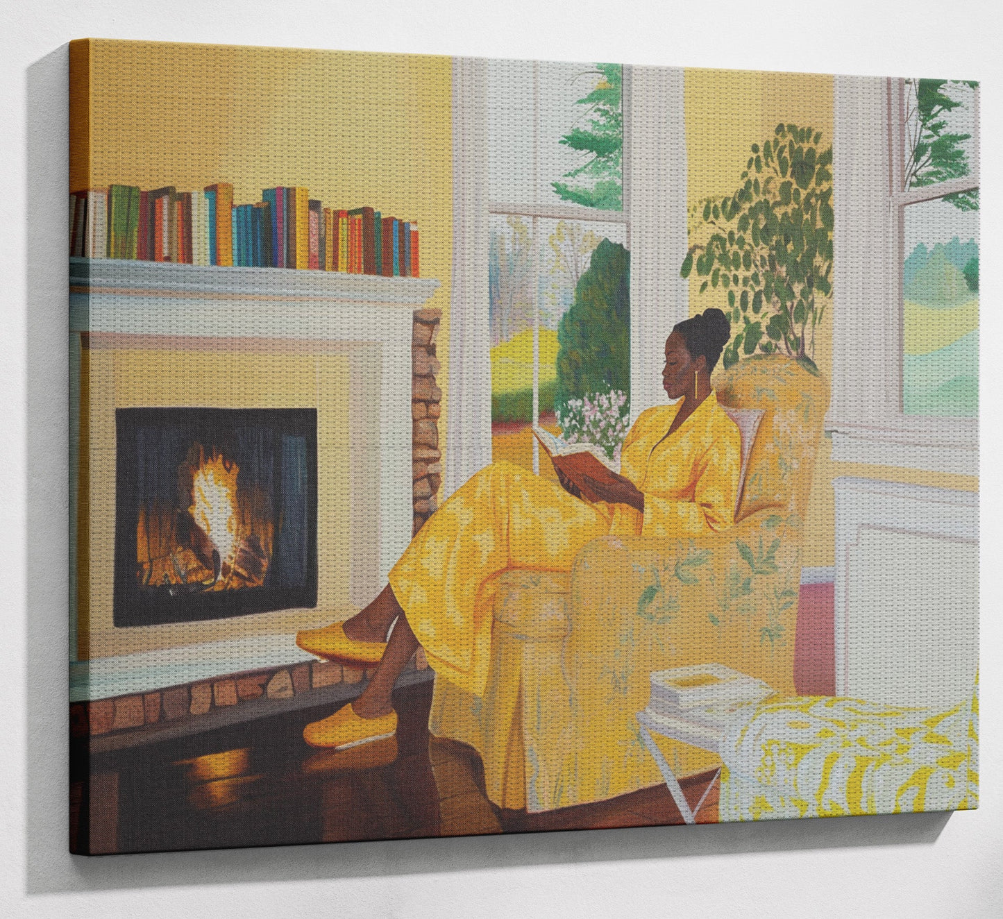Black Woman Reading by Fireplace African American wall art artwork view