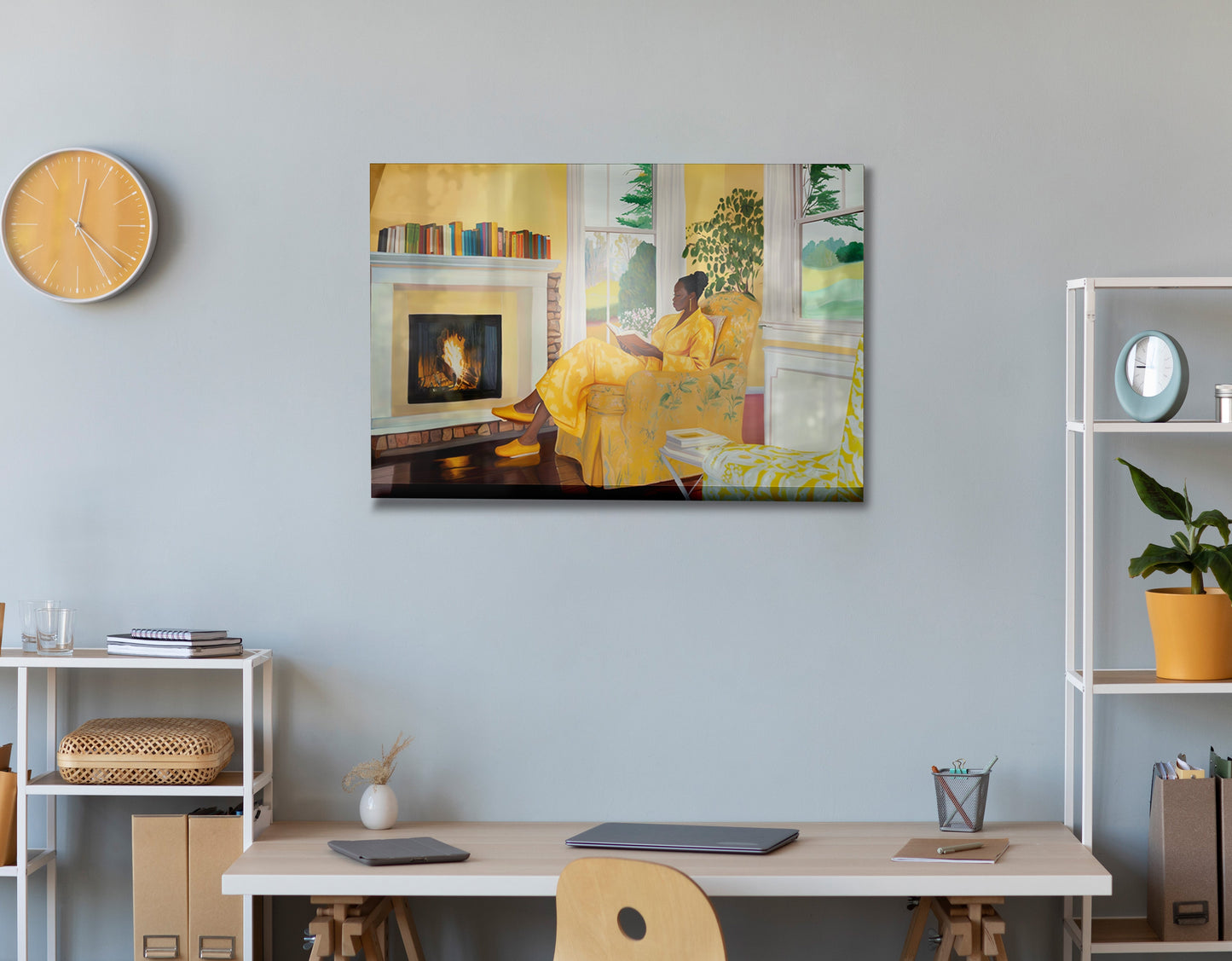 Black Woman Reading by Fireplace African American wall art view 15