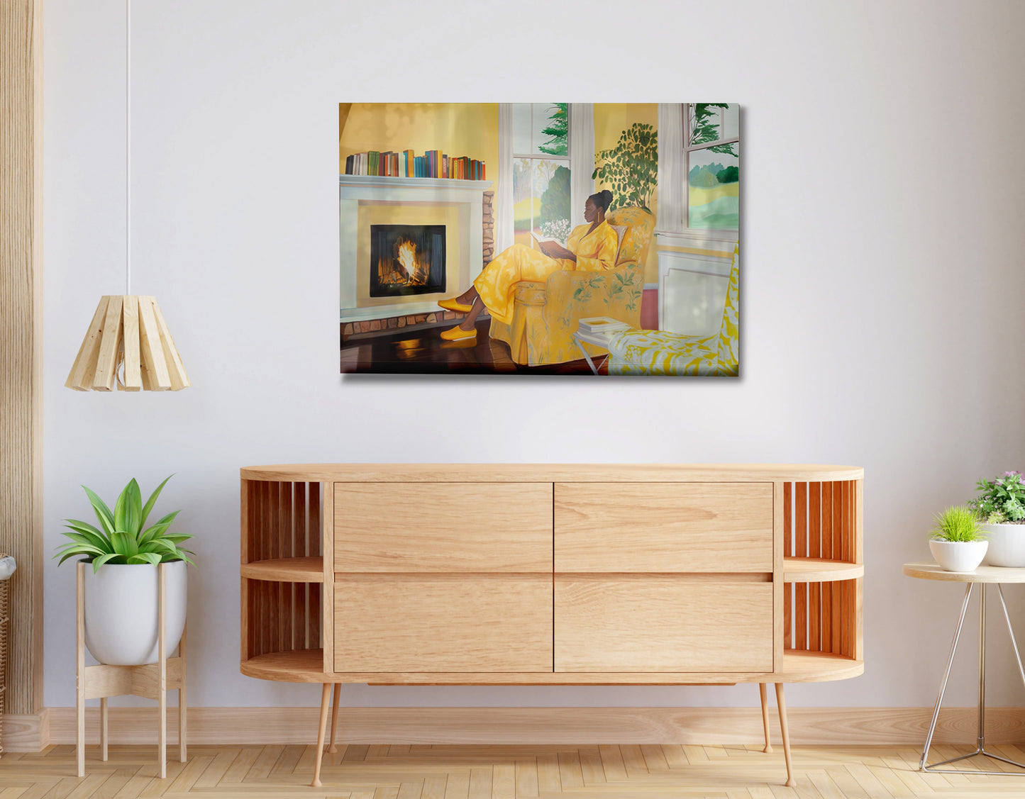 Black Woman Reading by Fireplace African American wall art displayed as living room wall decor