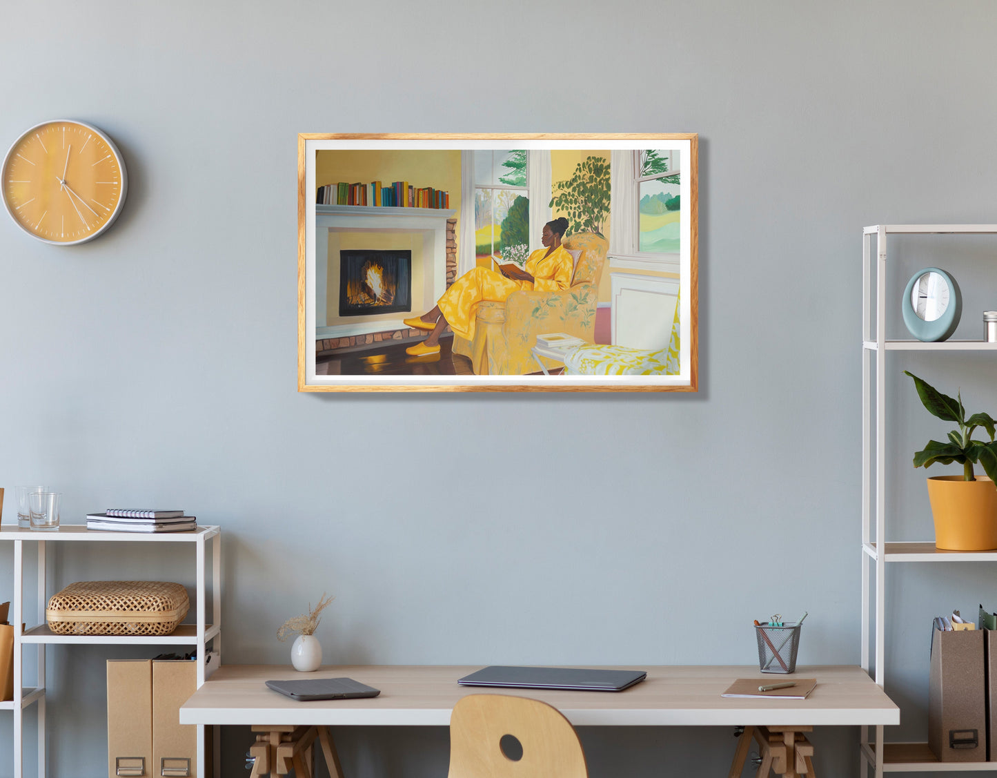Black Woman Reading by Fireplace African American wall art view 34