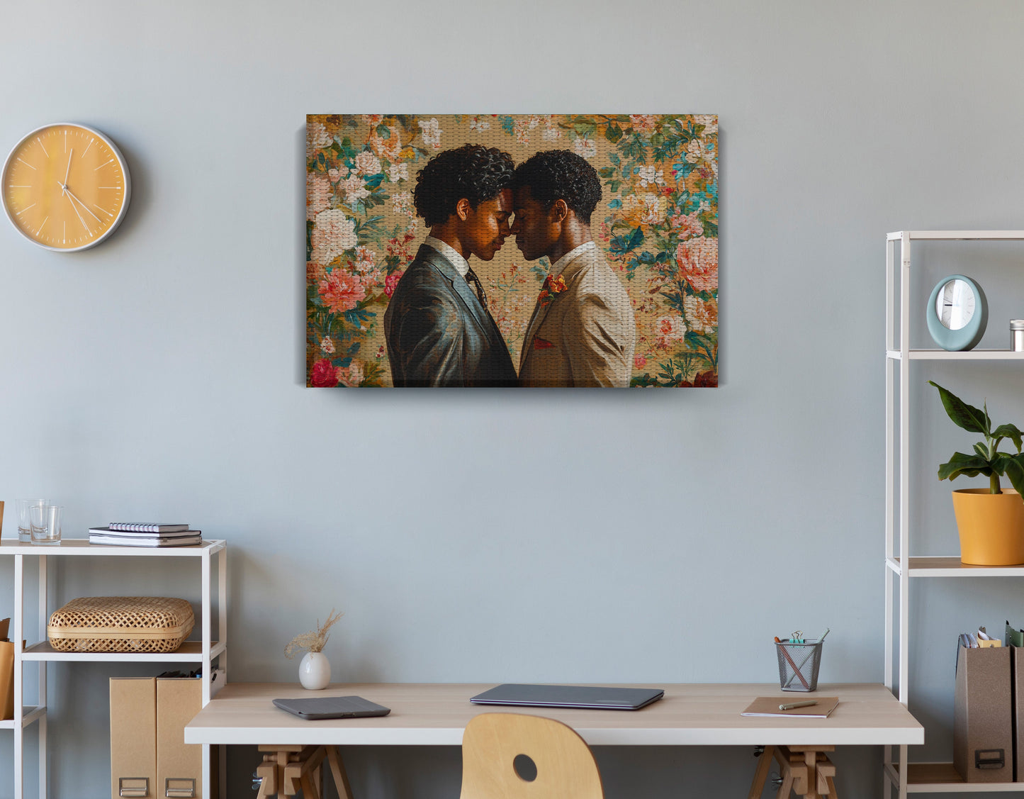 Black Gay Couple Floral Black love wall art displayed as office wall decor
