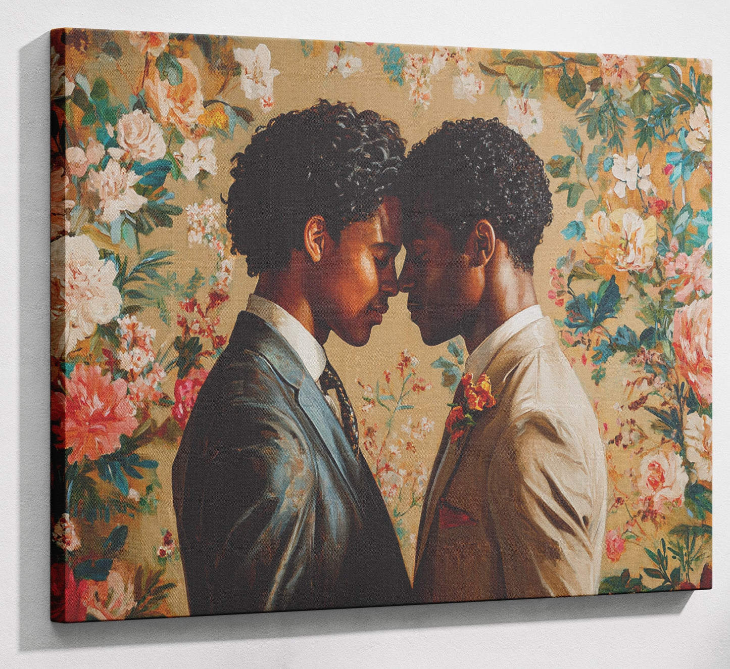 Black Gay Couple Floral Black love wall art canvas print with visible wall art format