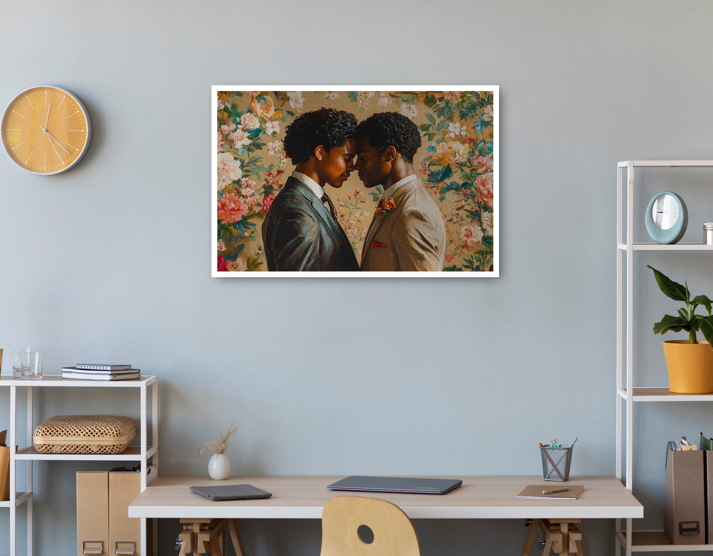 Alternate view of Black Gay Couple Floral Black love wall art canvas print