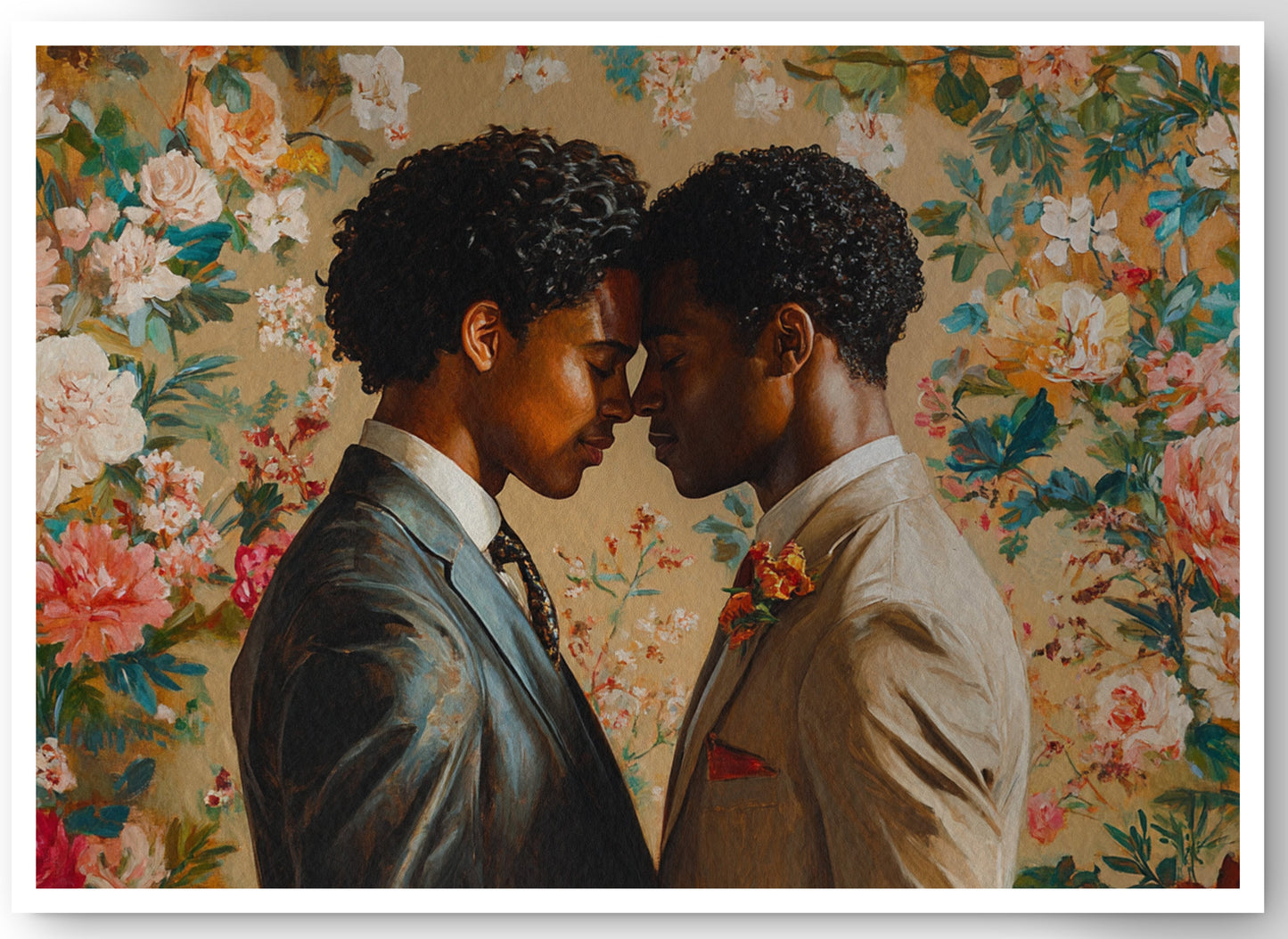 Black Gay Couple Floral Black love wall art canvas print by MoomZee Artwork