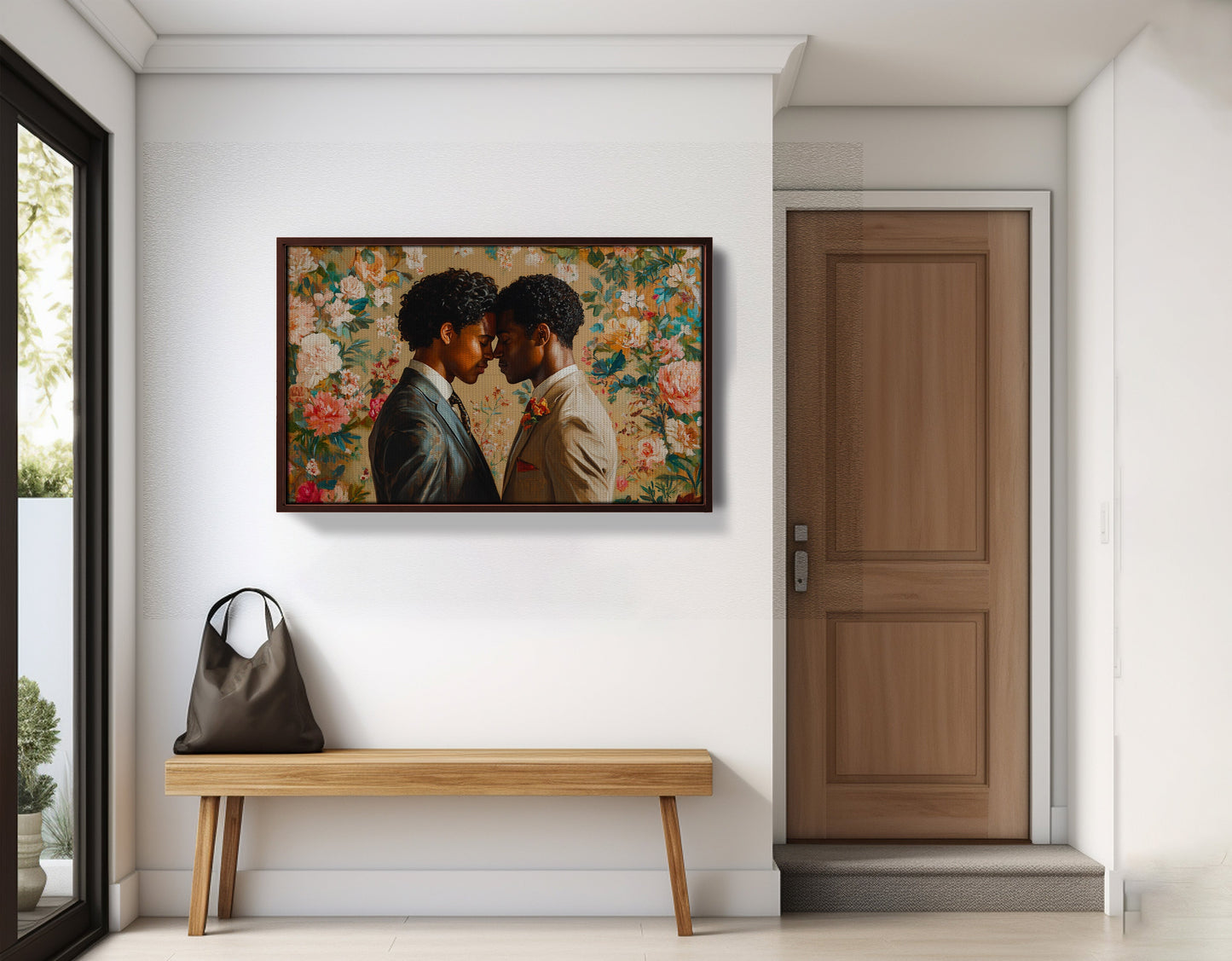 Black Gay Couple Floral Black love wall art displayed as entryway wall decor