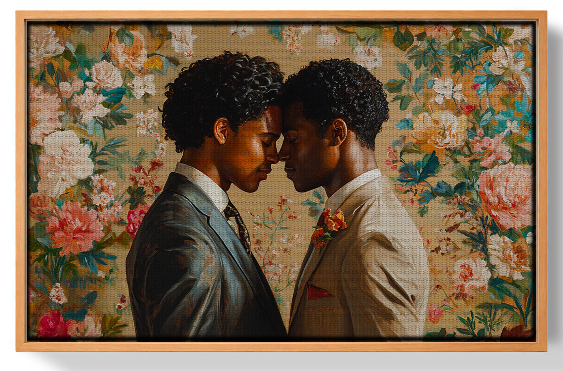 Framed Black Gay Couple Floral Black love wall art for home decor