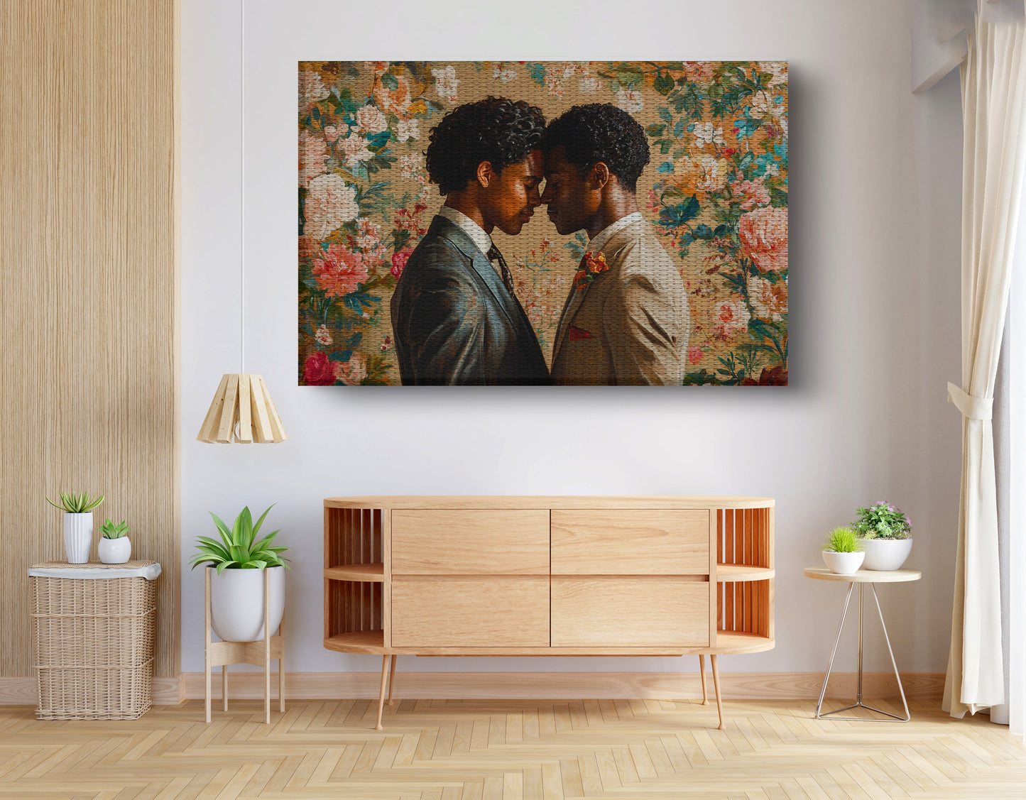 Black Gay Couple Floral Black love wall art displayed as living room wall decor