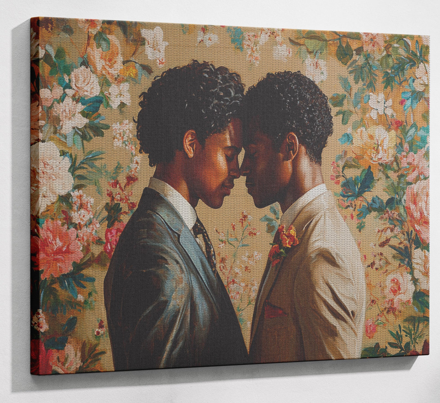 Black Gay Couple Floral Black love wall art artwork view