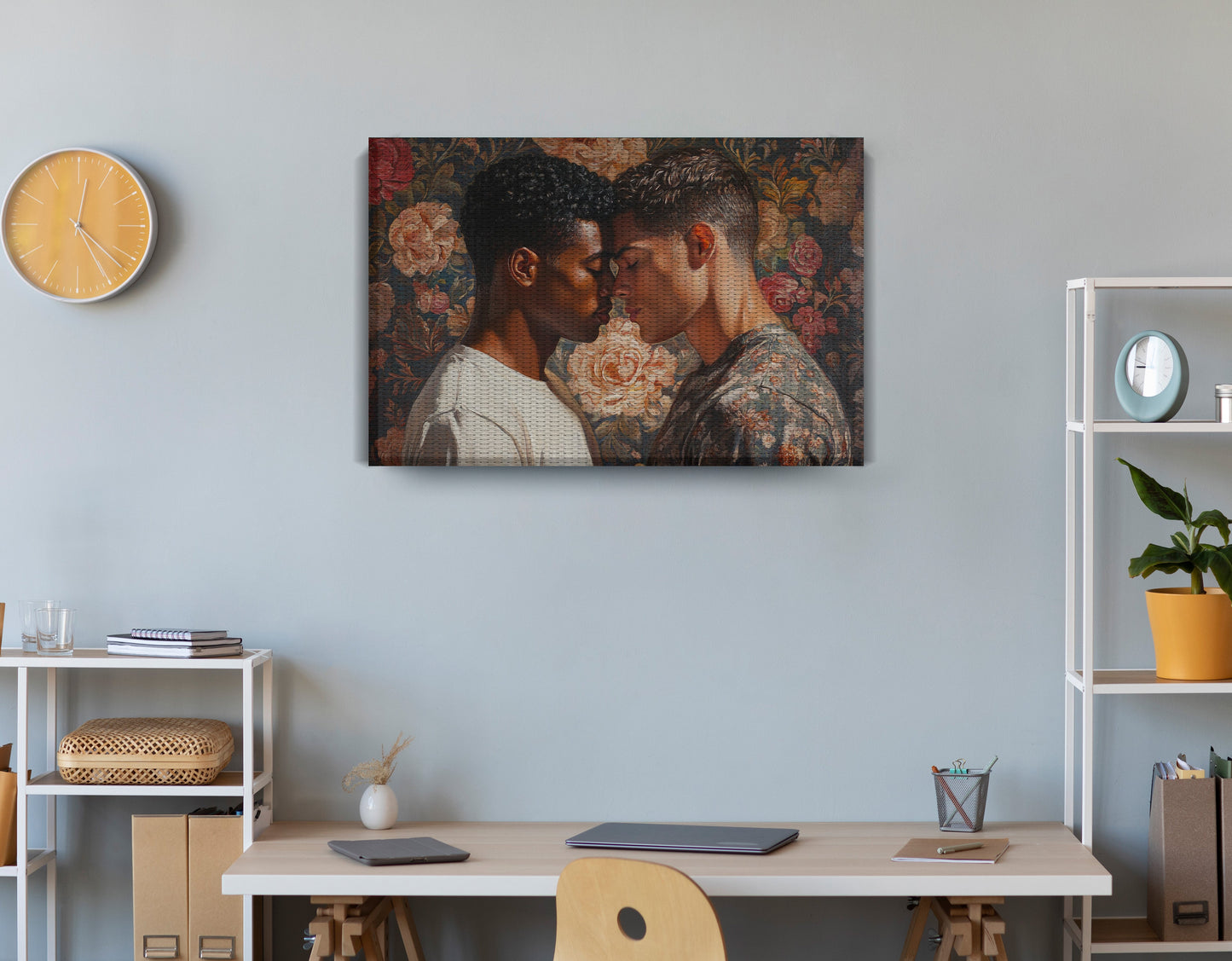 Black Gay Couple Rose Portrait Black love wall art displayed as office wall decor