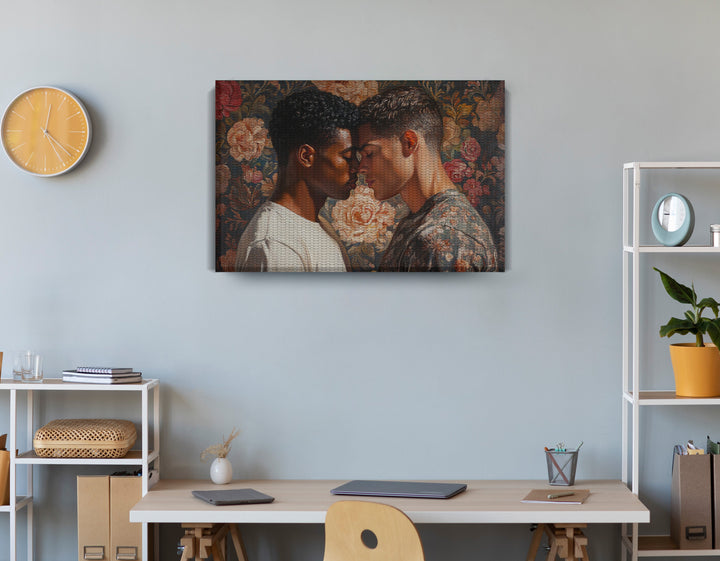 Black Gay Couple Rose Portrait Black love wall art displayed as office wall decor