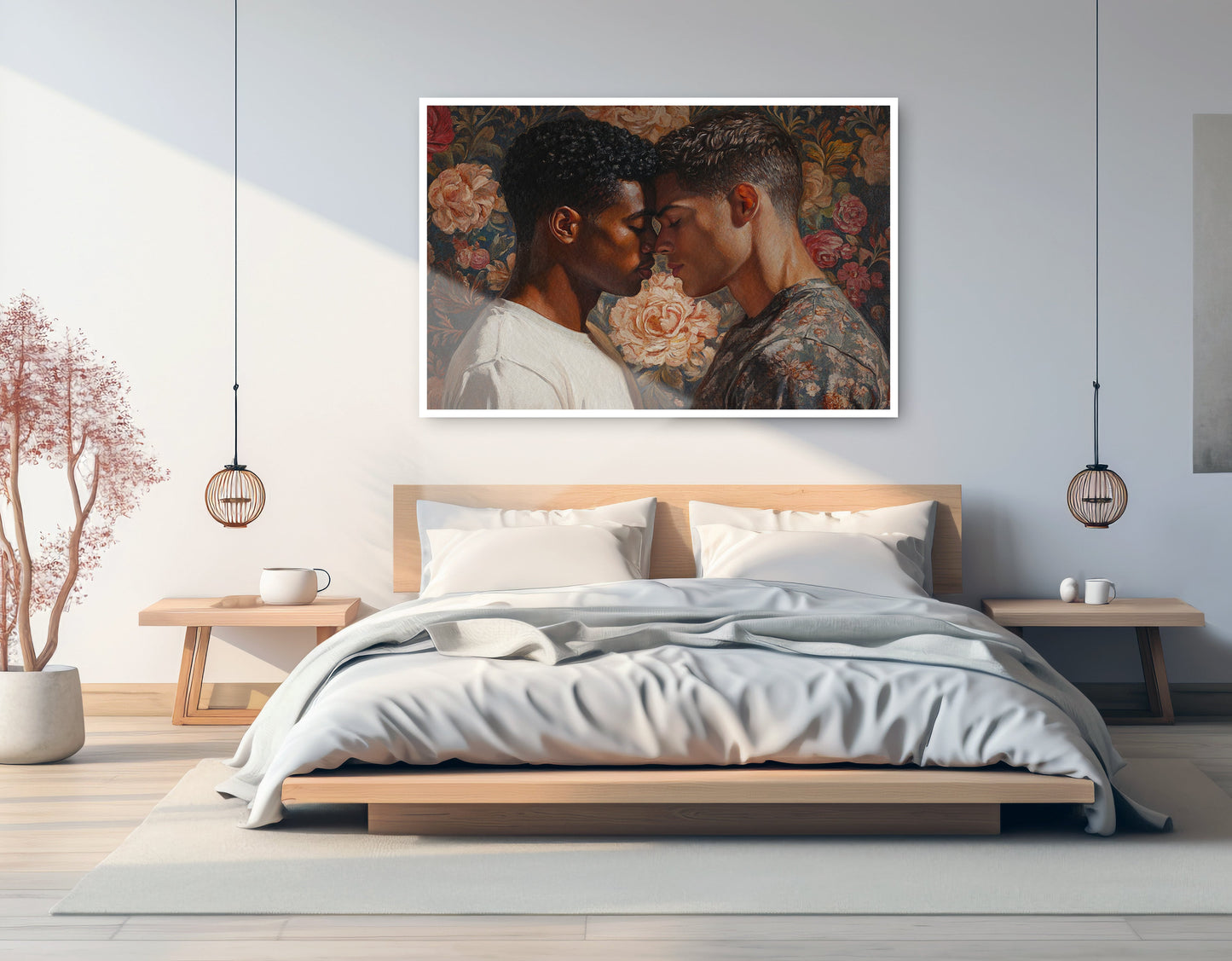 Black Gay Couple Rose Portrait Black love wall art displayed as bedroom wall decor