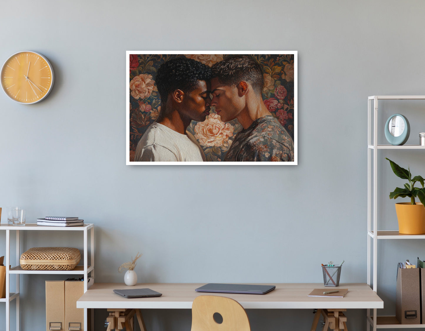 Alternate view of Black Gay Couple Rose Portrait Black love wall art canvas print