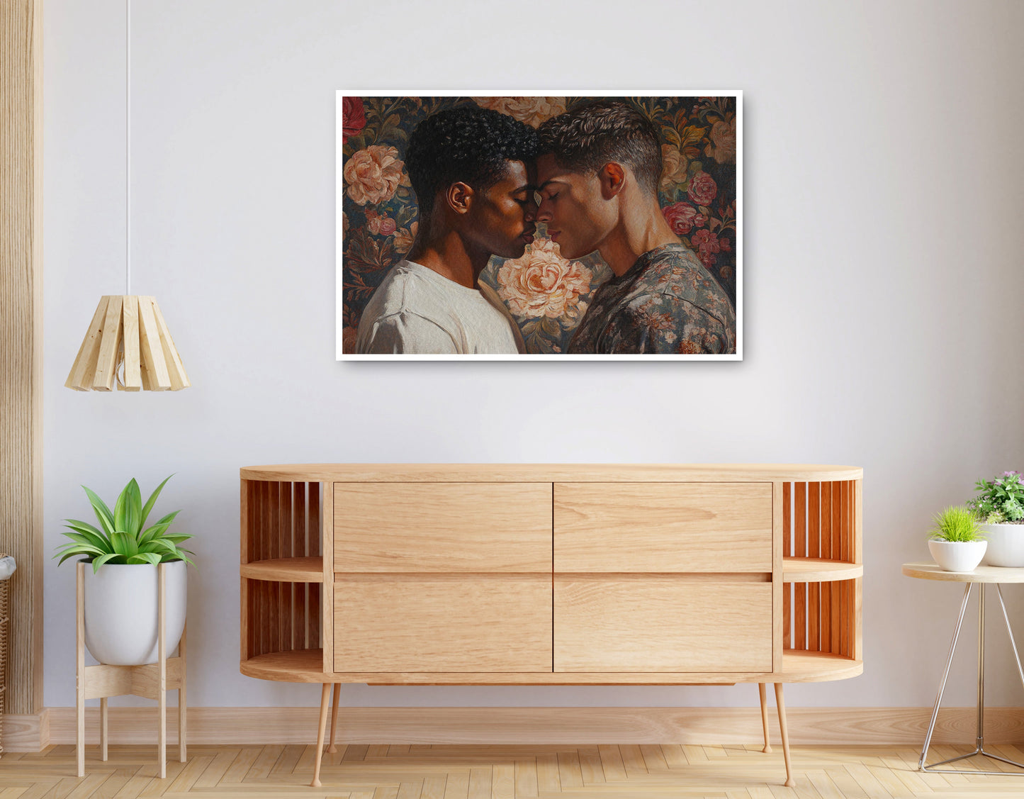 Black Gay Couple Rose Portrait Black love wall art displayed as living room wall decor