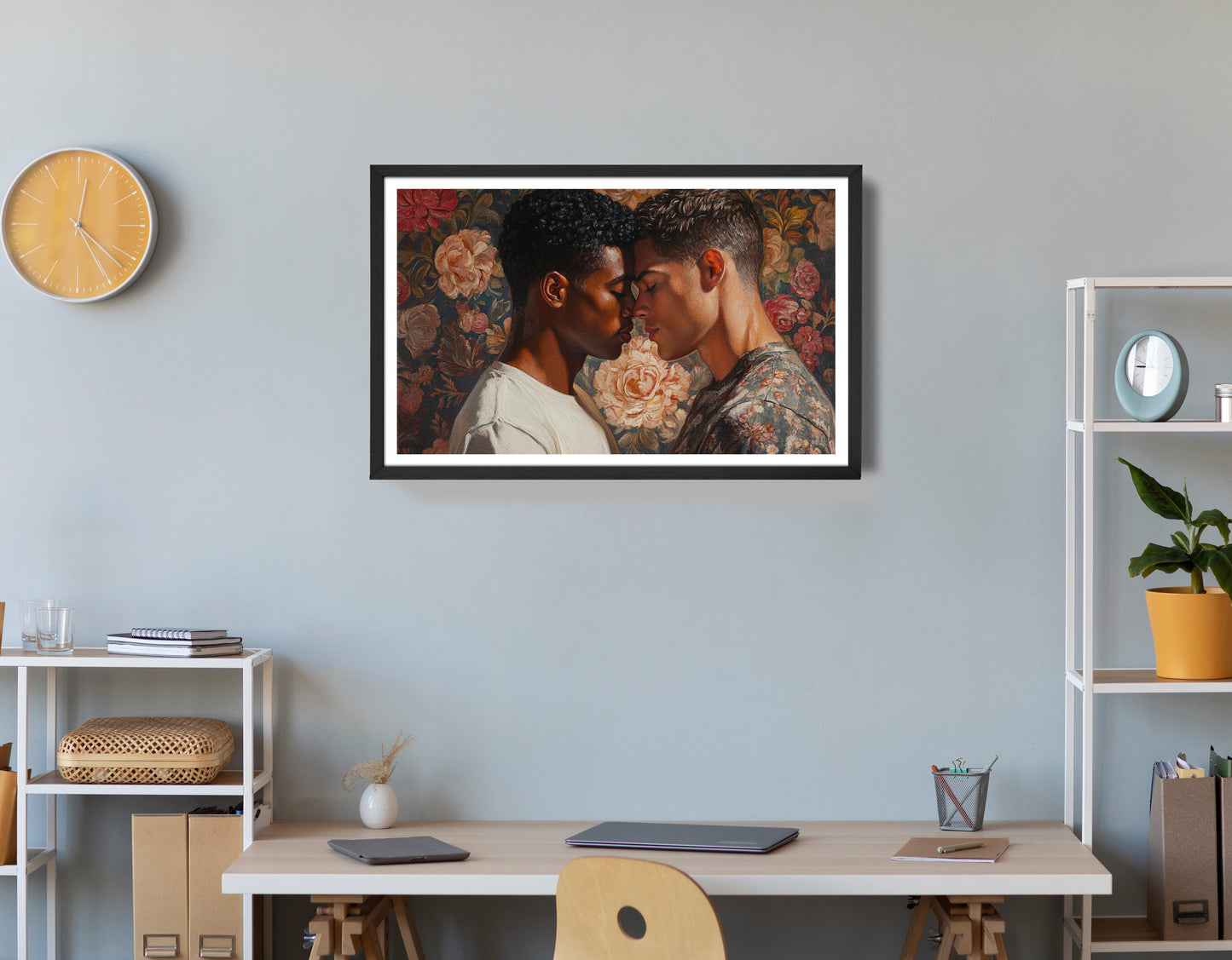 Black Gay Couple Rose Portrait Black love wall art view 28