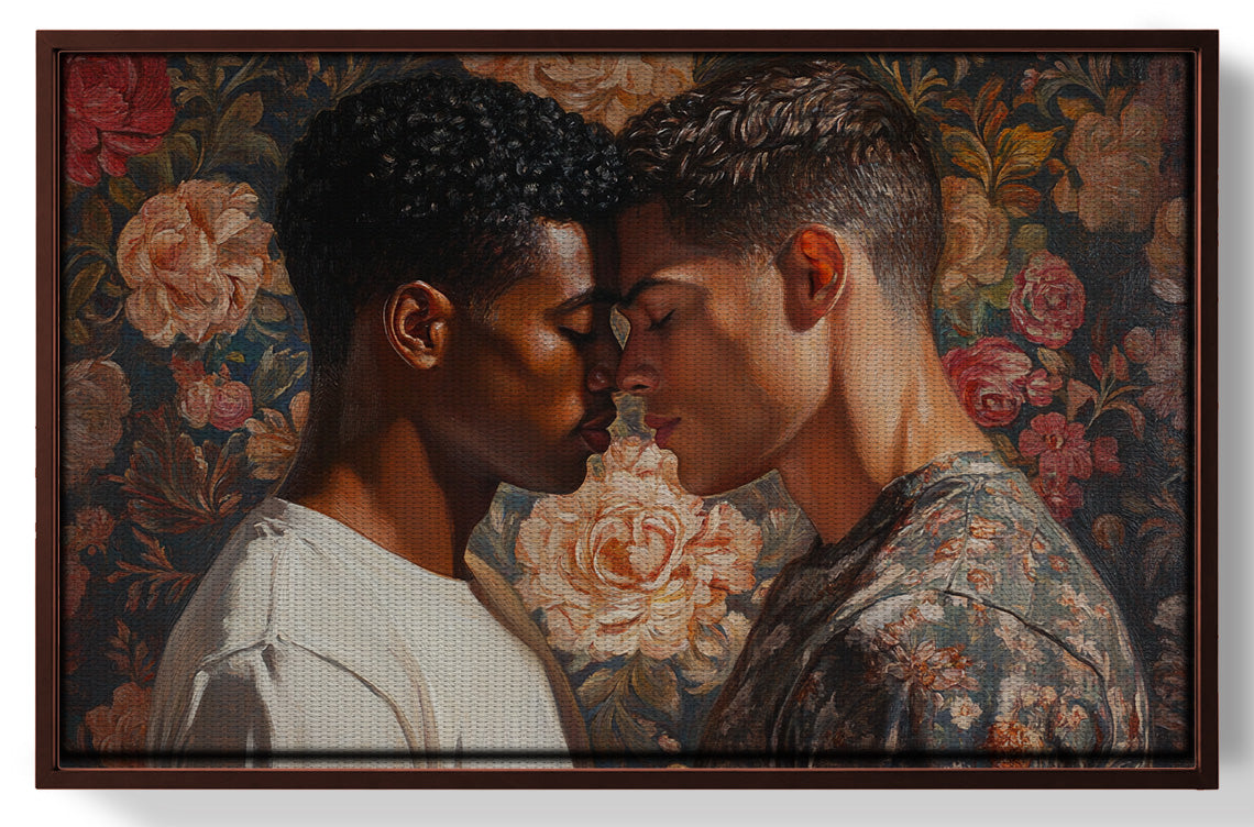 Framed Black Gay Couple Rose Portrait Black love wall art for home decor