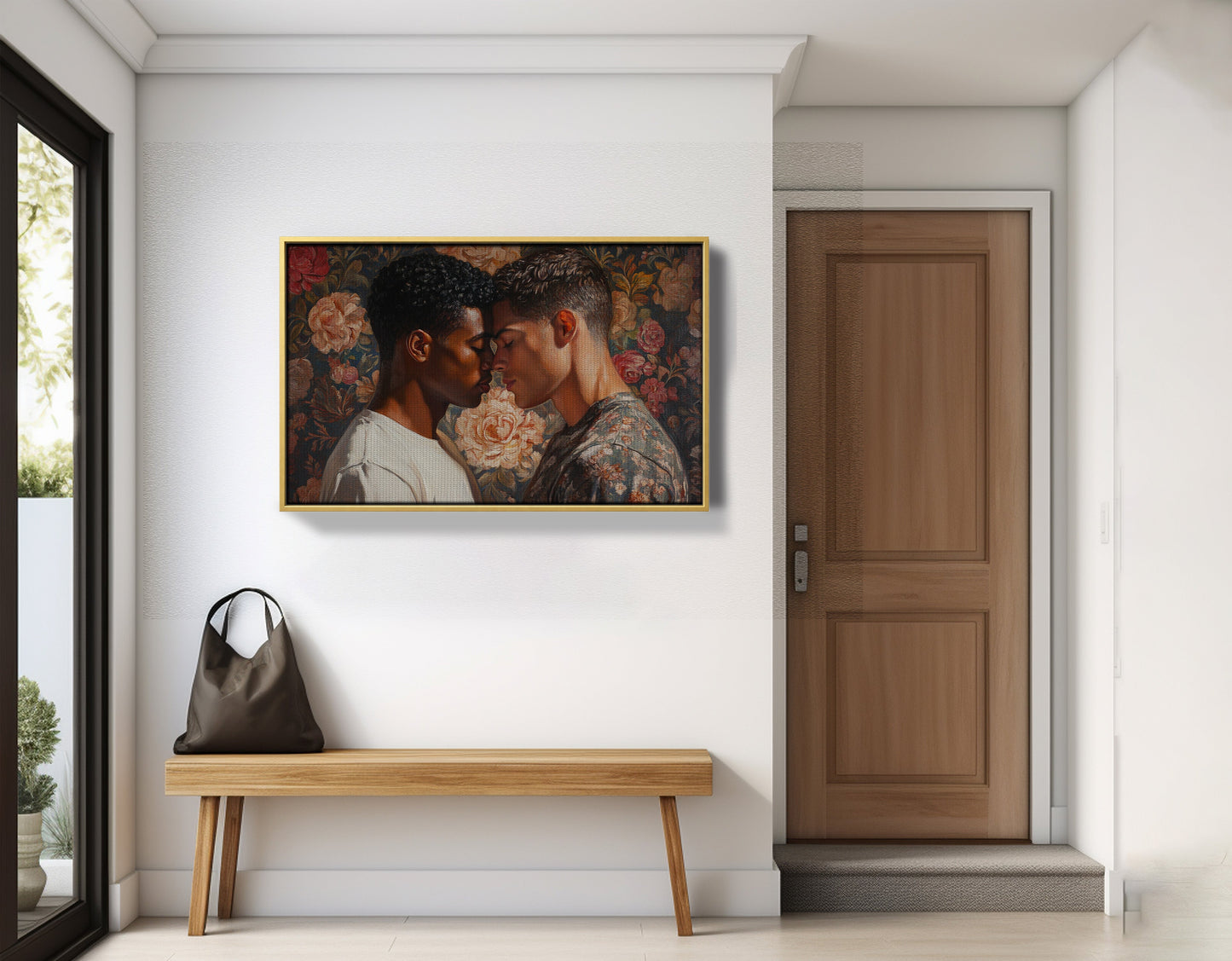 Black Gay Couple Rose Portrait Black love wall art displayed as entryway wall decor