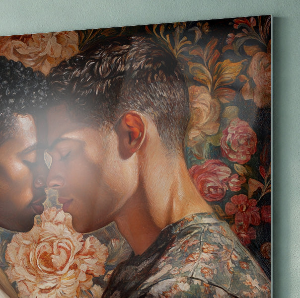 Close-up of Black Gay Couple Rose Portrait Black love wall art detail