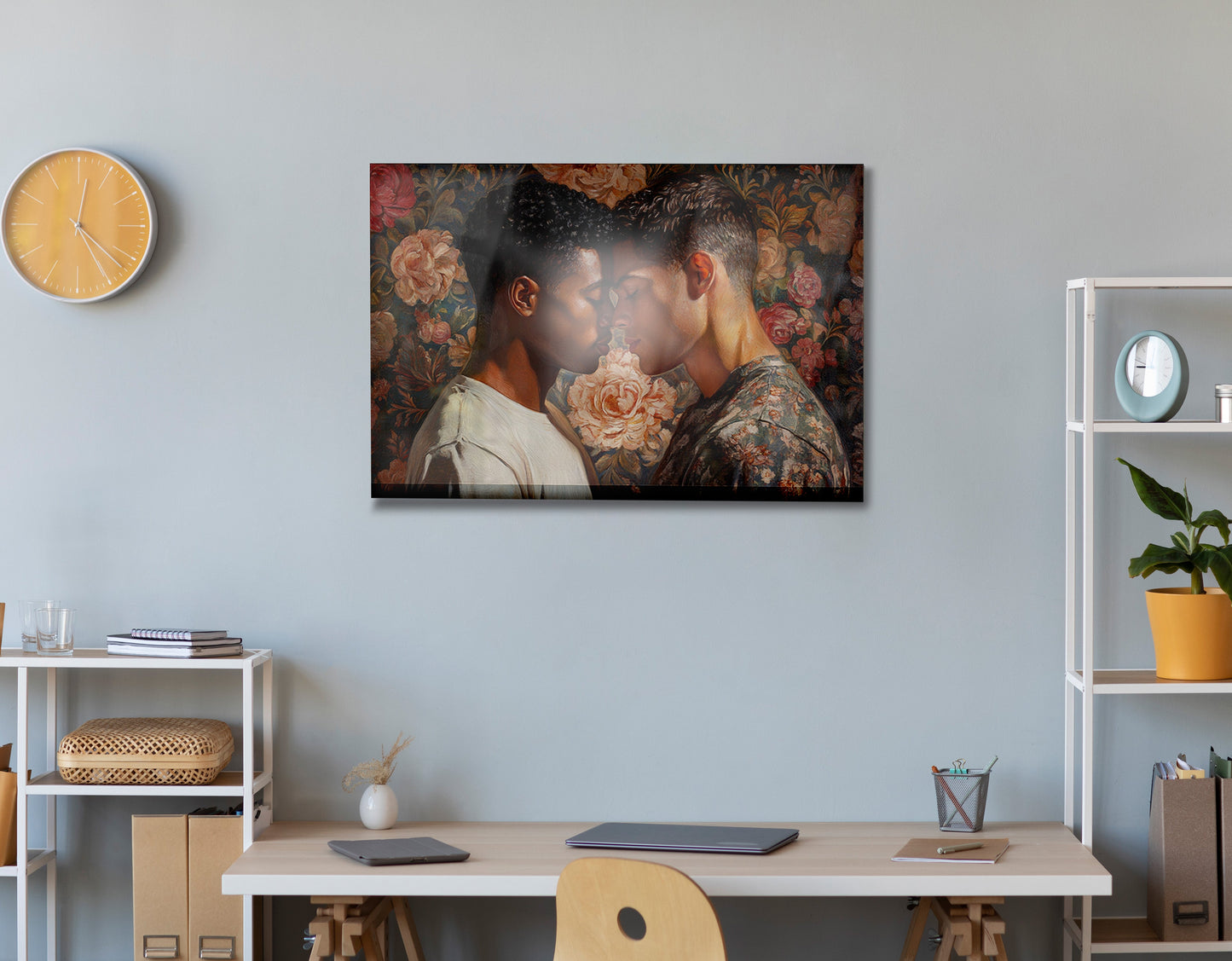 Black Gay Couple Rose Portrait Black love wall art print view