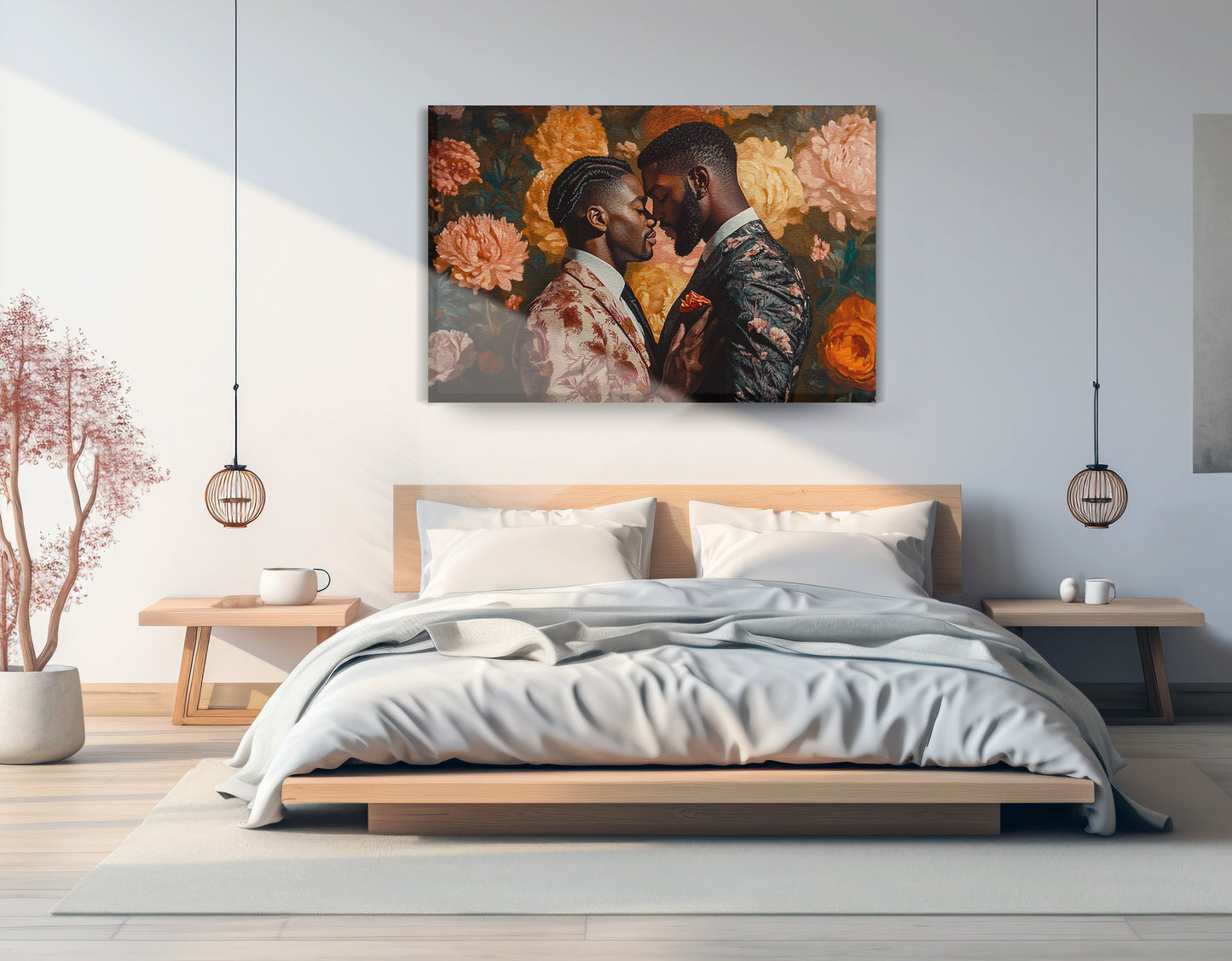 Black Gay Couple Formal Portrait Black love wall art displayed as bedroom wall decor